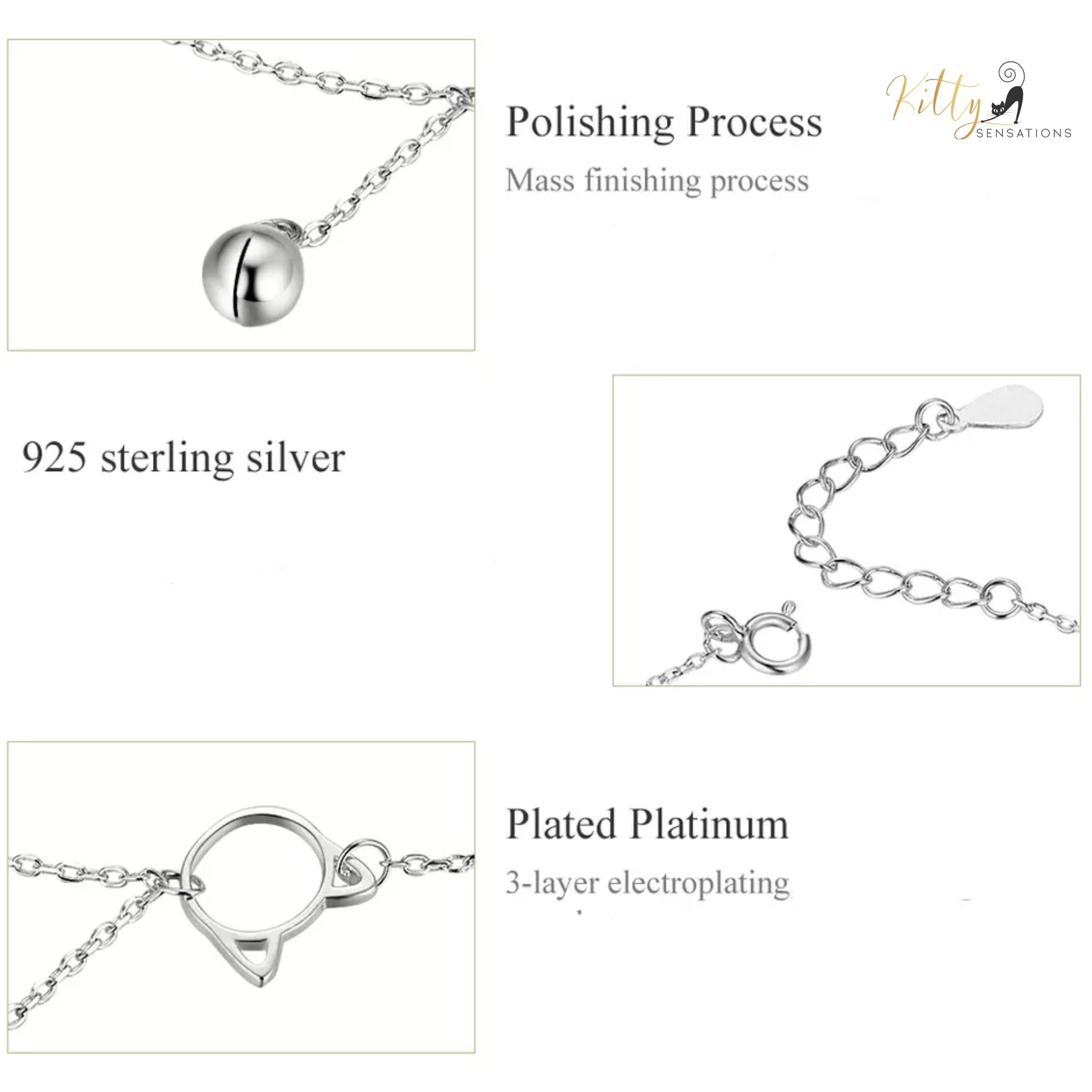 Purrfection Cat Bracelet/Anklet with Hanging Bell Charm in Solid 925 Sterling Silver