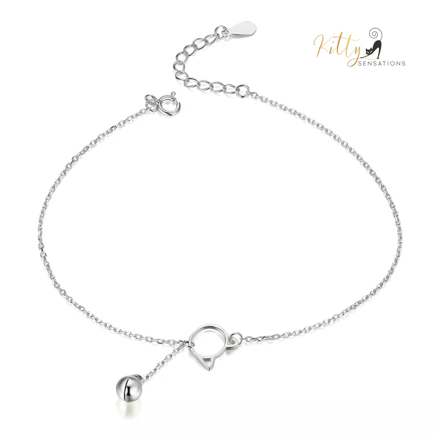 Purrfection Cat Bracelet/Anklet with Hanging Bell Charm in Solid 925 Sterling Silver