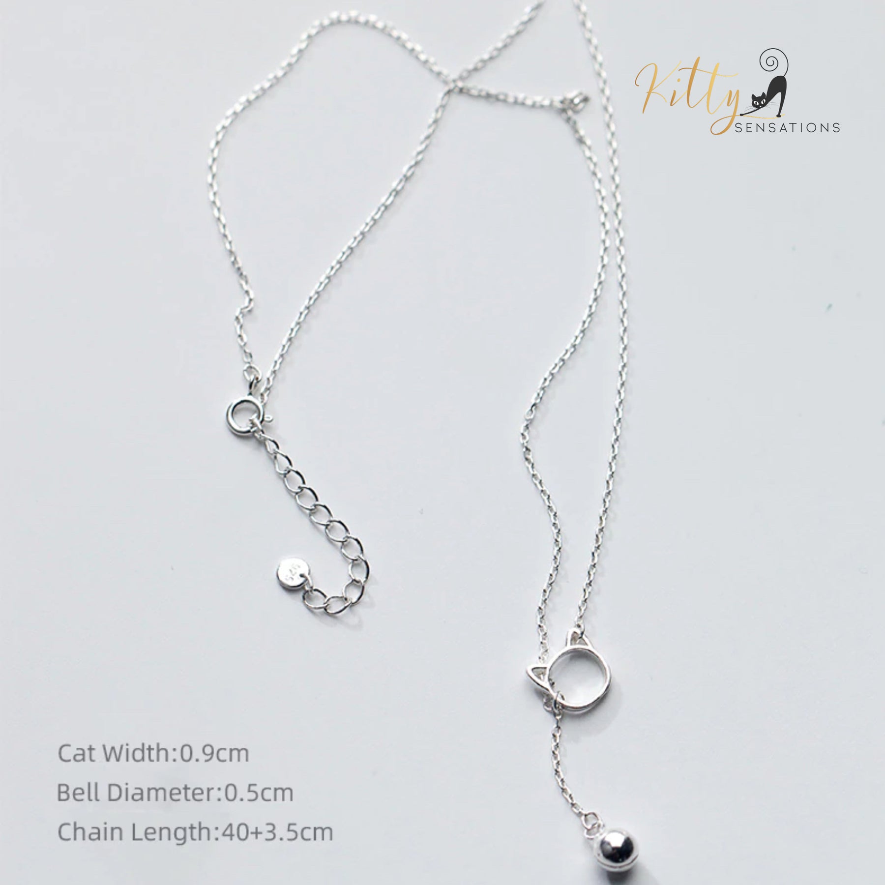 Purrfection Cat Necklace with Hanging Bell Charm in Solid 925 Sterling Silver