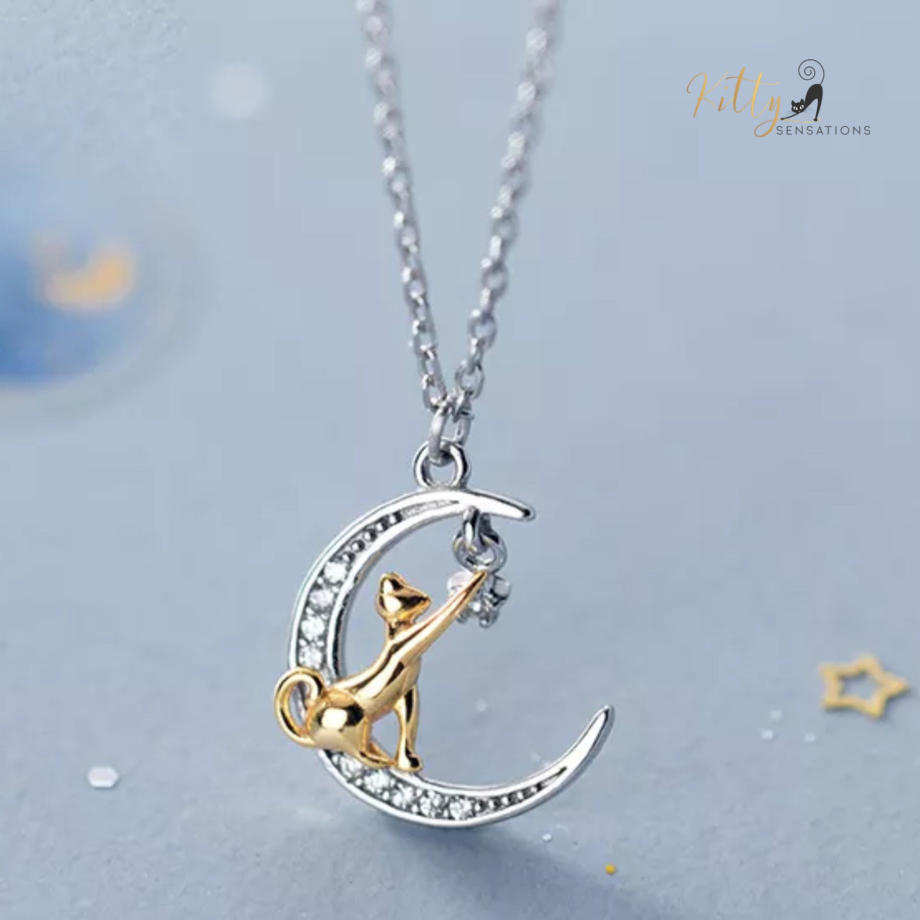 Reaching-for-The-Stars Cat Necklace in Solid 925 Sterling Silver (Gold Plated)