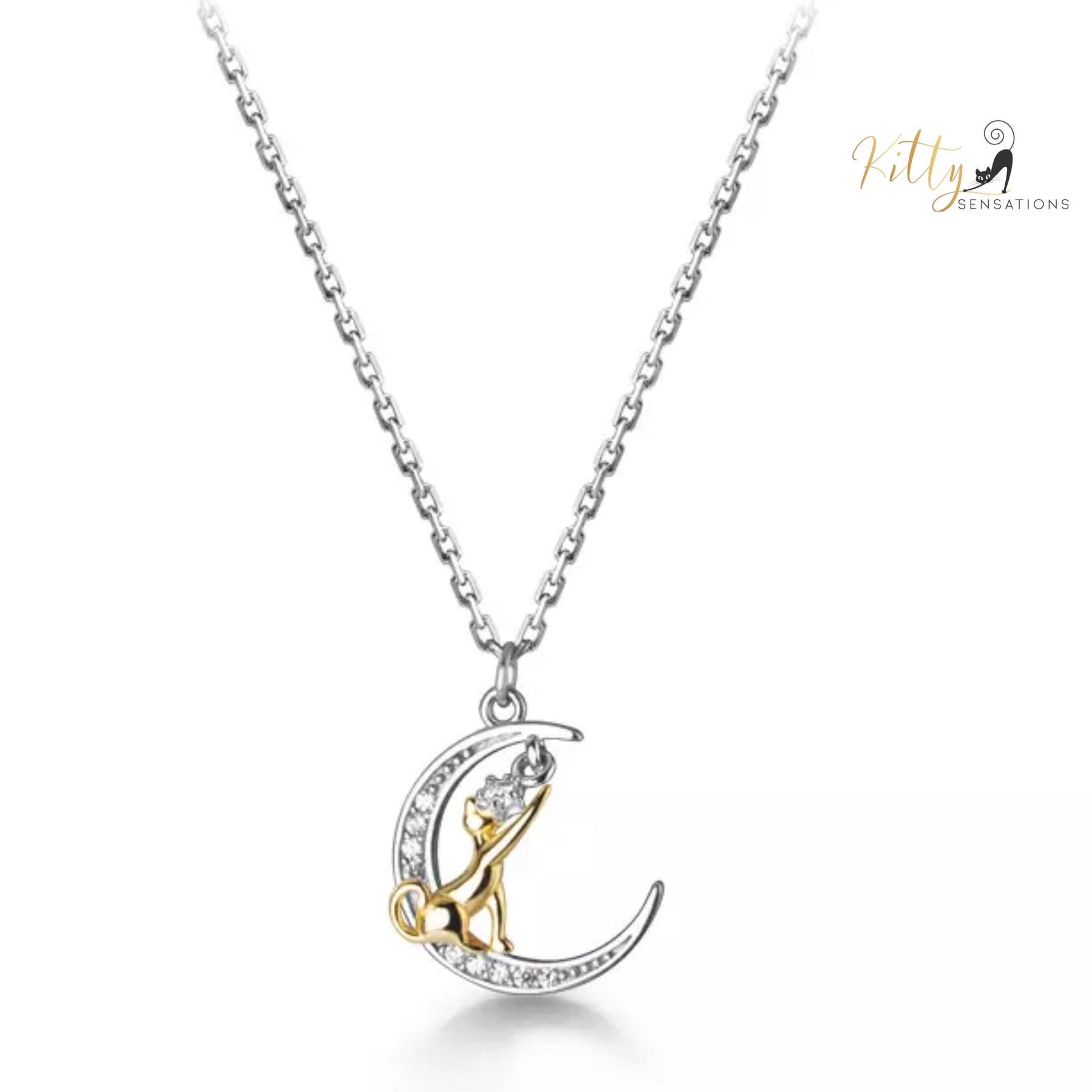 Reaching-for-The-Stars Cat Necklace in Solid 925 Sterling Silver (Gold Plated)