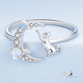 Reaching-for-The-Stars Moonstone Cat Ring in Solid 925 Sterling Silver - Platinum Plated - Adjustable Size