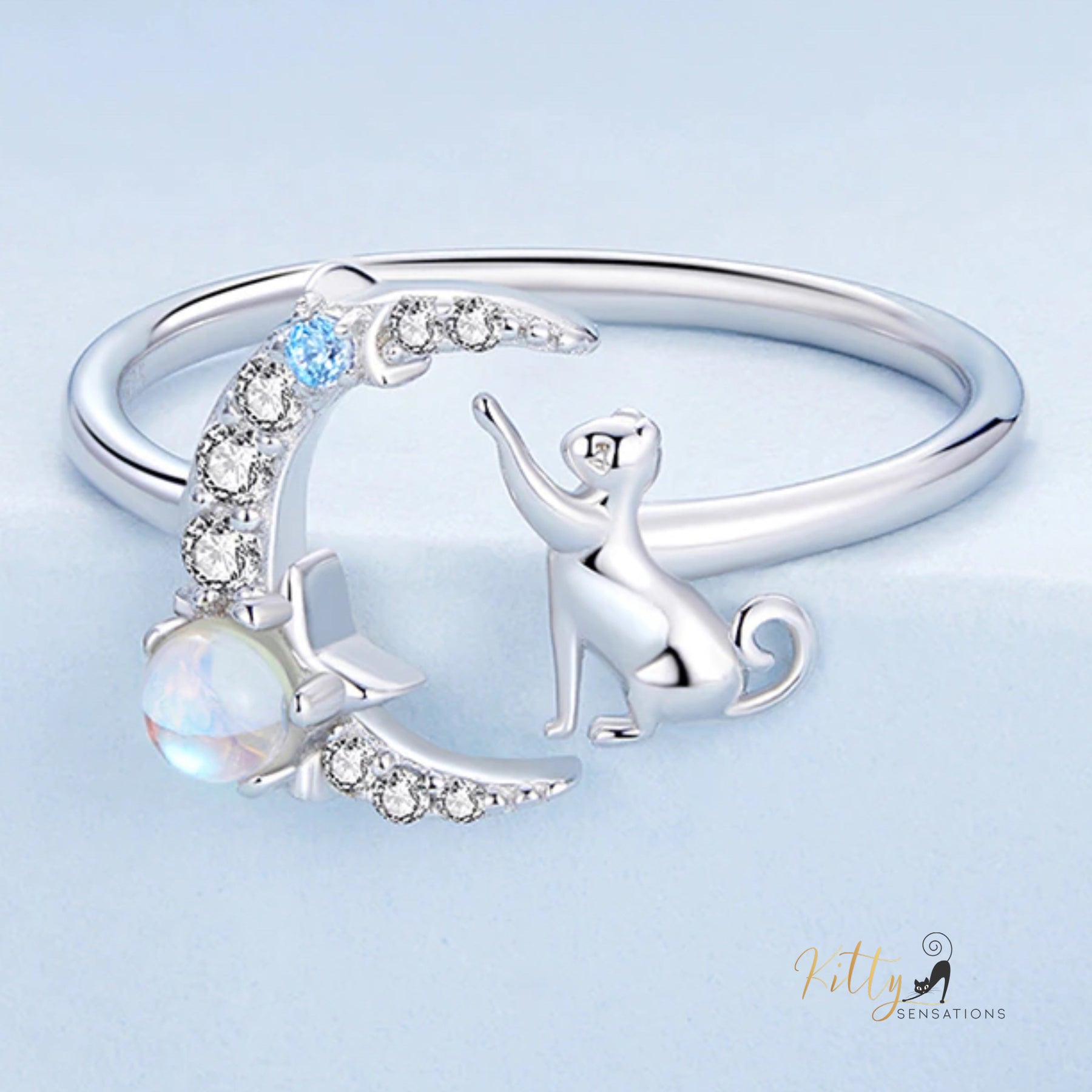 Reaching-for-The-Stars Moonstone Cat Ring in Solid 925 Sterling Silver - Platinum Plated - Adjustable Size