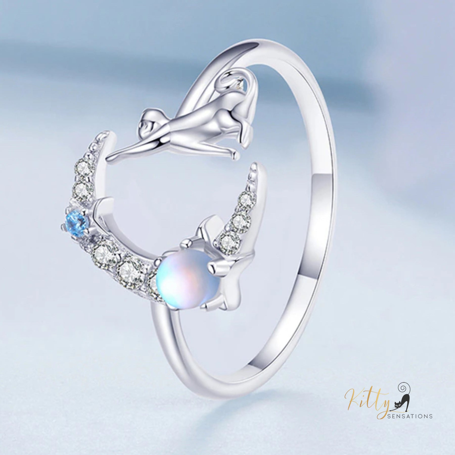 Reaching-for-The-Stars Moonstone Cat Ring in Solid 925 Sterling Silver - Platinum Plated - Adjustable Size