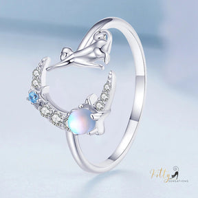 Reaching-for-The-Stars Moonstone Cat Ring in Solid 925 Sterling Silver - Platinum Plated - Adjustable Size