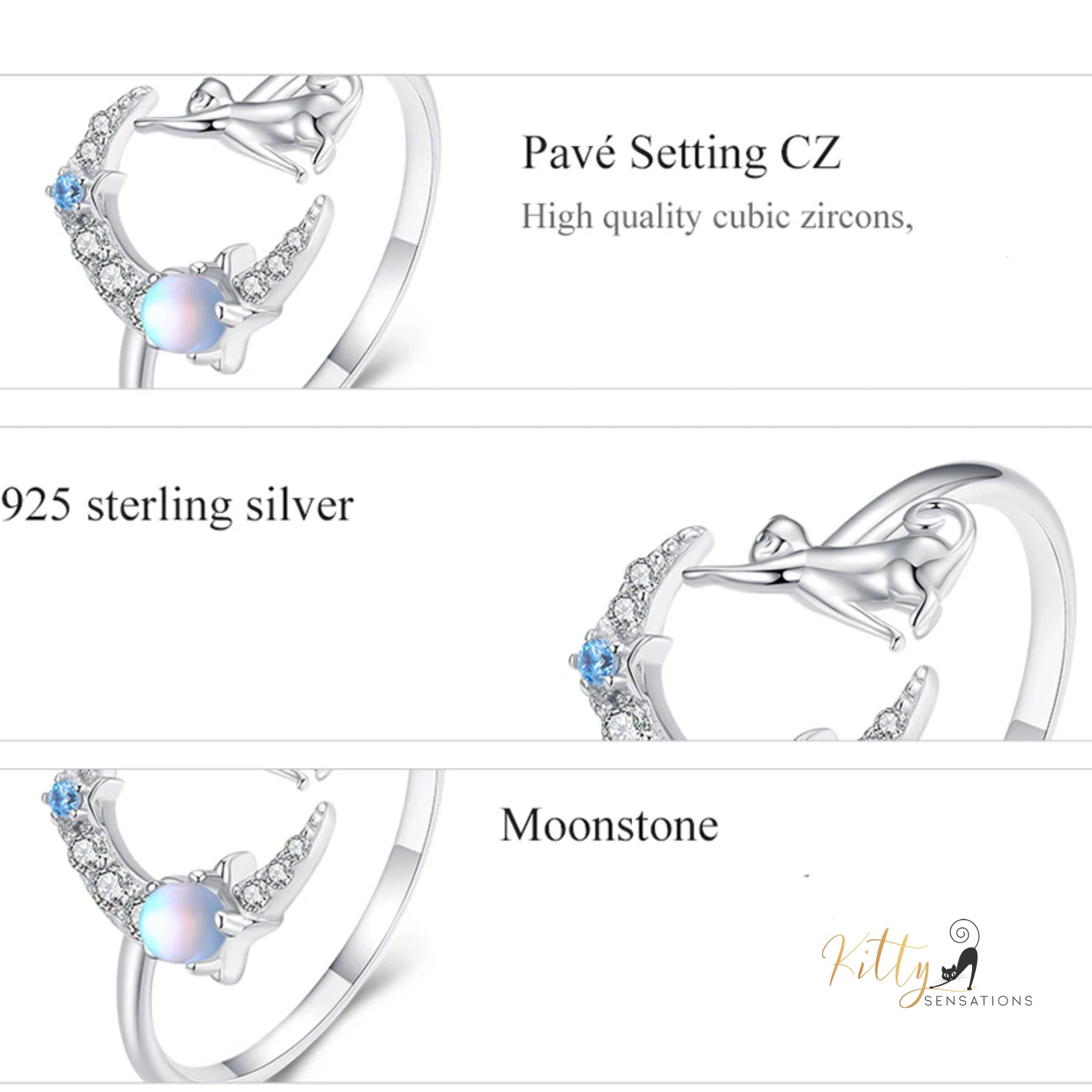 Reaching-for-The-Stars Moonstone Cat Ring in Solid 925 Sterling Silver - Platinum Plated - Adjustable Size