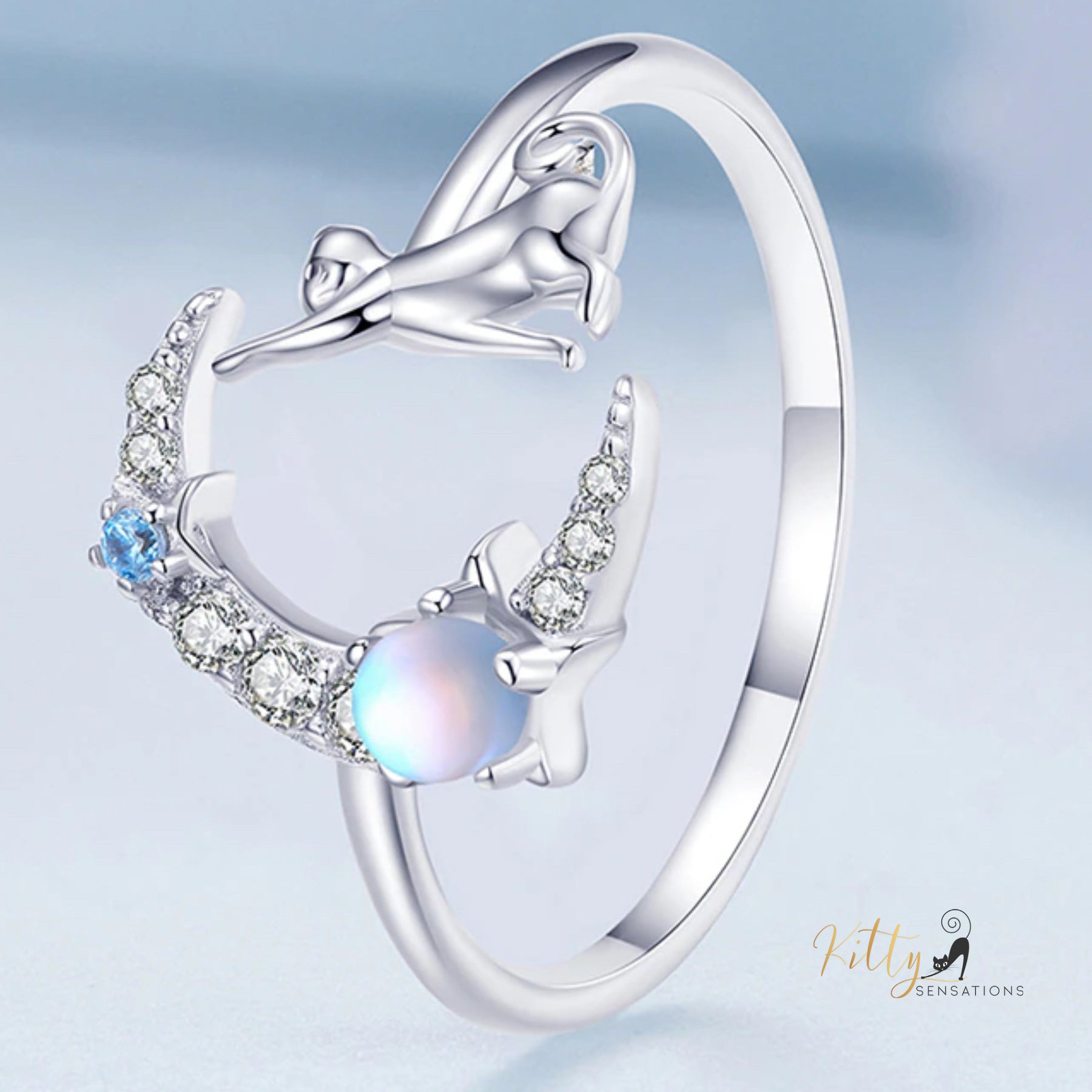 Reaching-for-The-Stars Moonstone Cat Ring in Solid 925 Sterling Silver - Platinum Plated - Adjustable Size