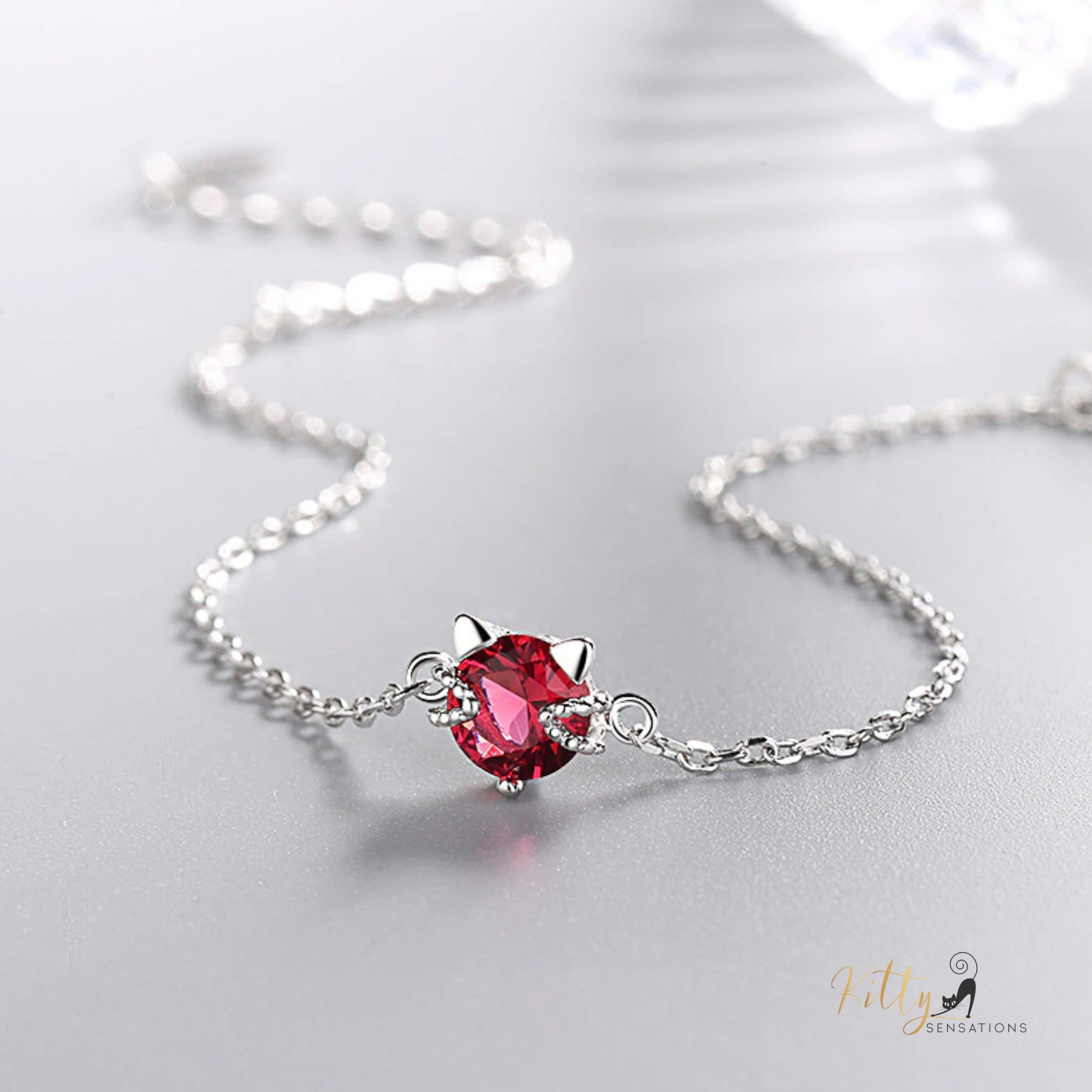 Ruby Red Cat Bracelet in Solid 925 Sterling Silver - Adjustable Length ($58.55): https://www.kittysensations.com/products/ruby-red-cat-bracelet-in-solid-925-sterling-silver-adjustable-length