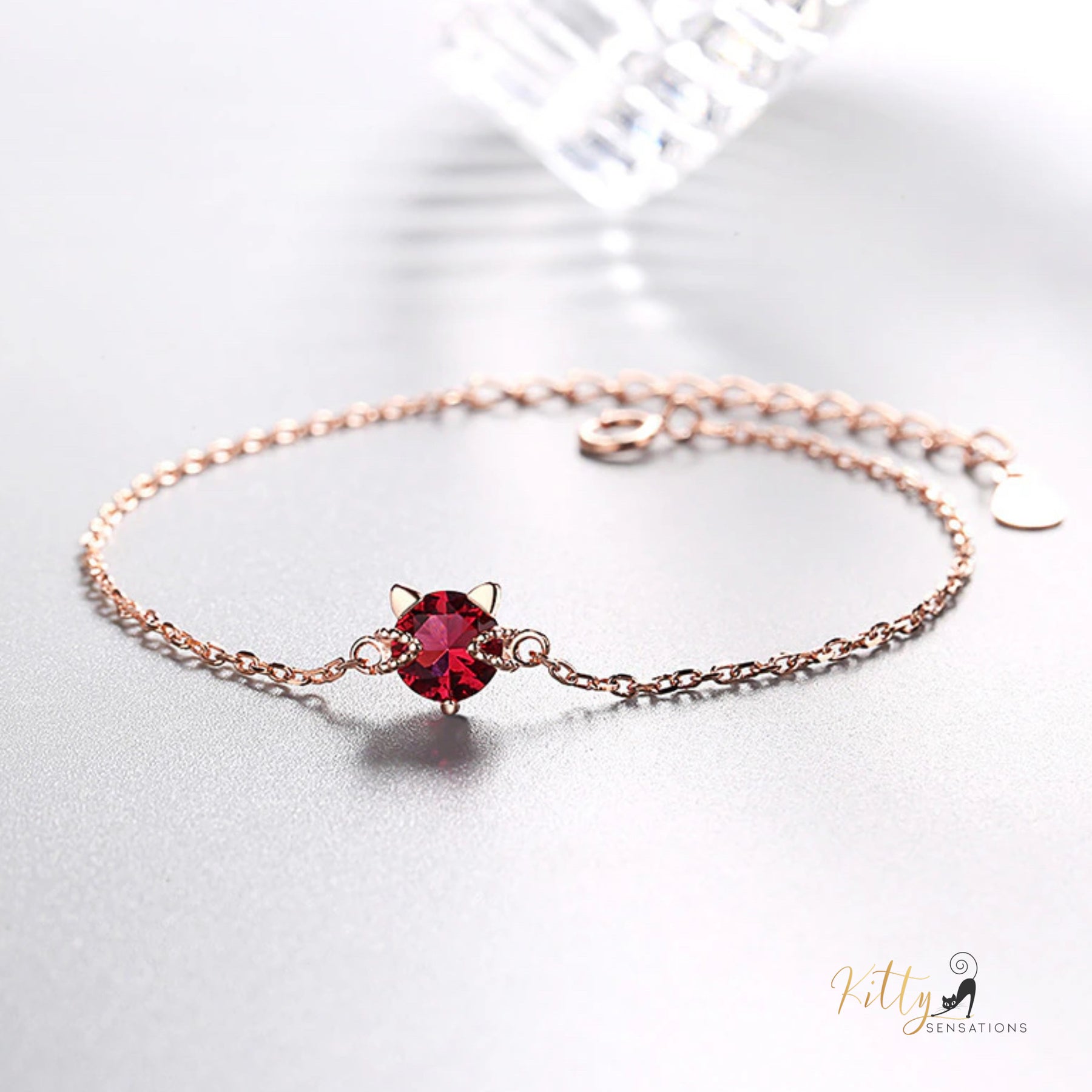 Ruby Red Cat Bracelet in Solid 925 Sterling Silver - Adjustable Length ($58.55): https://www.kittysensations.com/products/ruby-red-cat-bracelet-in-solid-925-sterling-silver-adjustable-length