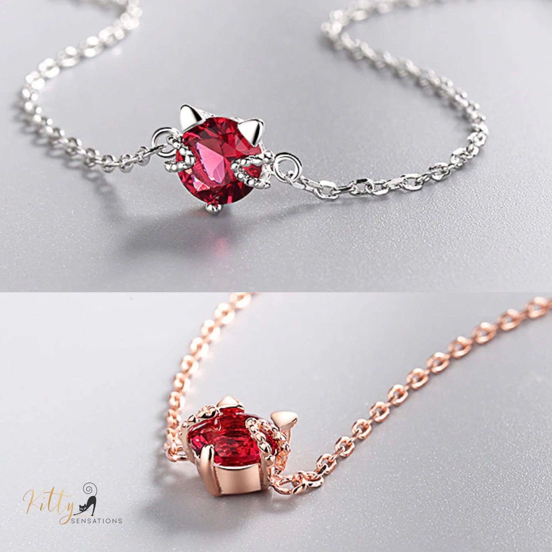 Ruby Red Cat Bracelet in Solid 925 Sterling Silver - Adjustable Length ($58.55): https://www.kittysensations.com/products/ruby-red-cat-bracelet-in-solid-925-sterling-silver-adjustable-length