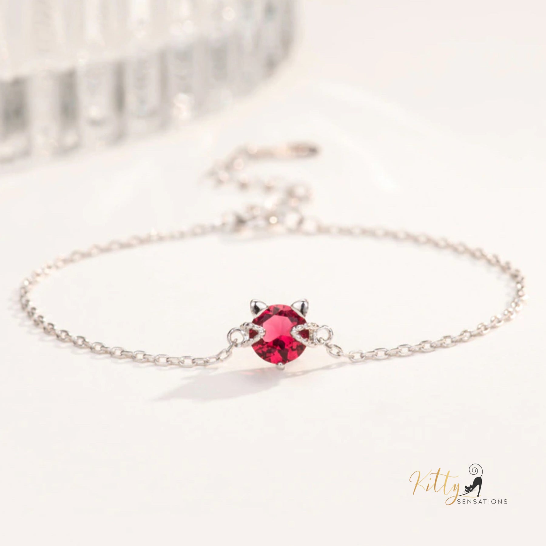 Ruby Red Cat Bracelet in Solid 925 Sterling Silver - Adjustable Length ($58.55): https://www.kittysensations.com/products/ruby-red-cat-bracelet-in-solid-925-sterling-silver-adjustable-length