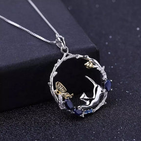 Natural Gemstone Fine Jewelry Cat Necklace in Solid 925 Sterling Silver and 18K Gold Plating