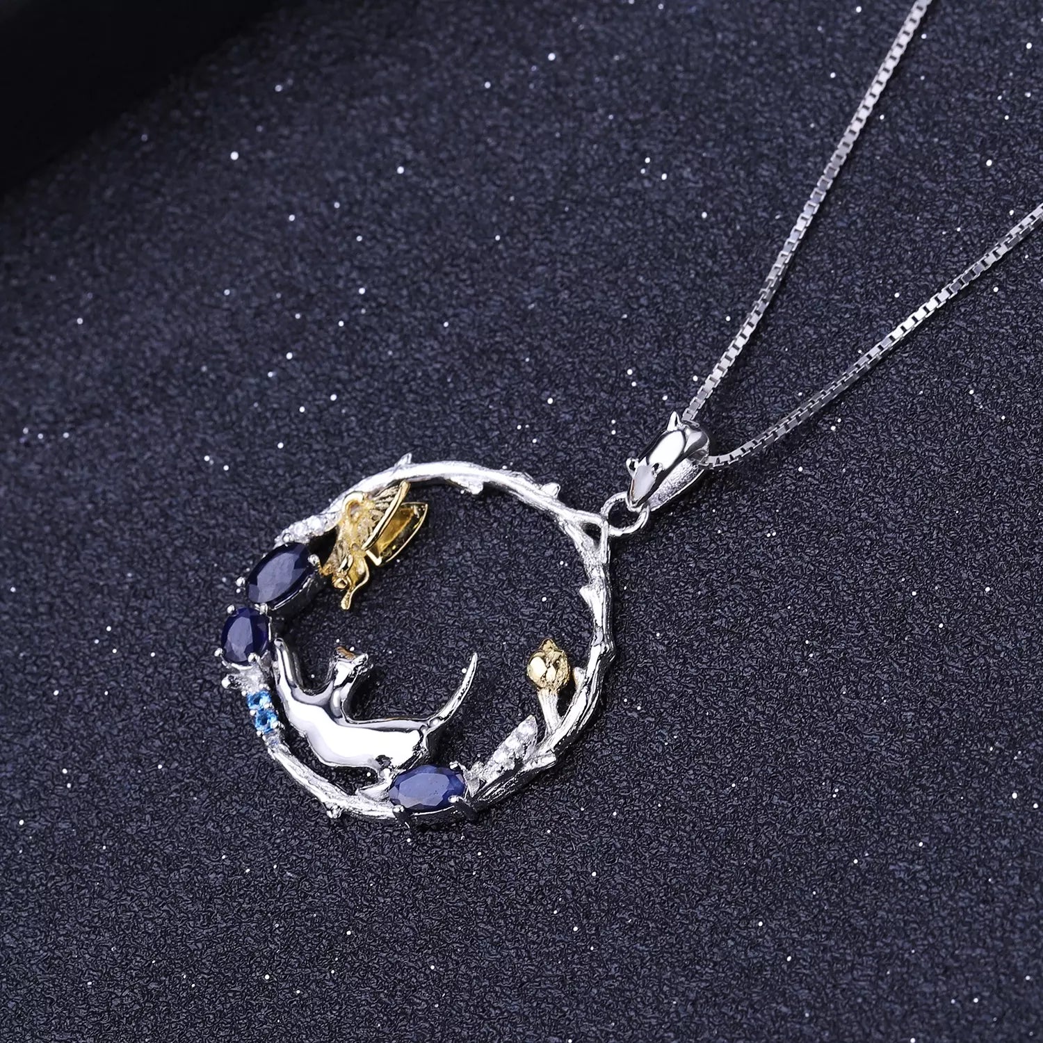 Natural Gemstone Fine Jewelry Cat Necklace in Solid 925 Sterling Silver and 18K Gold Plating