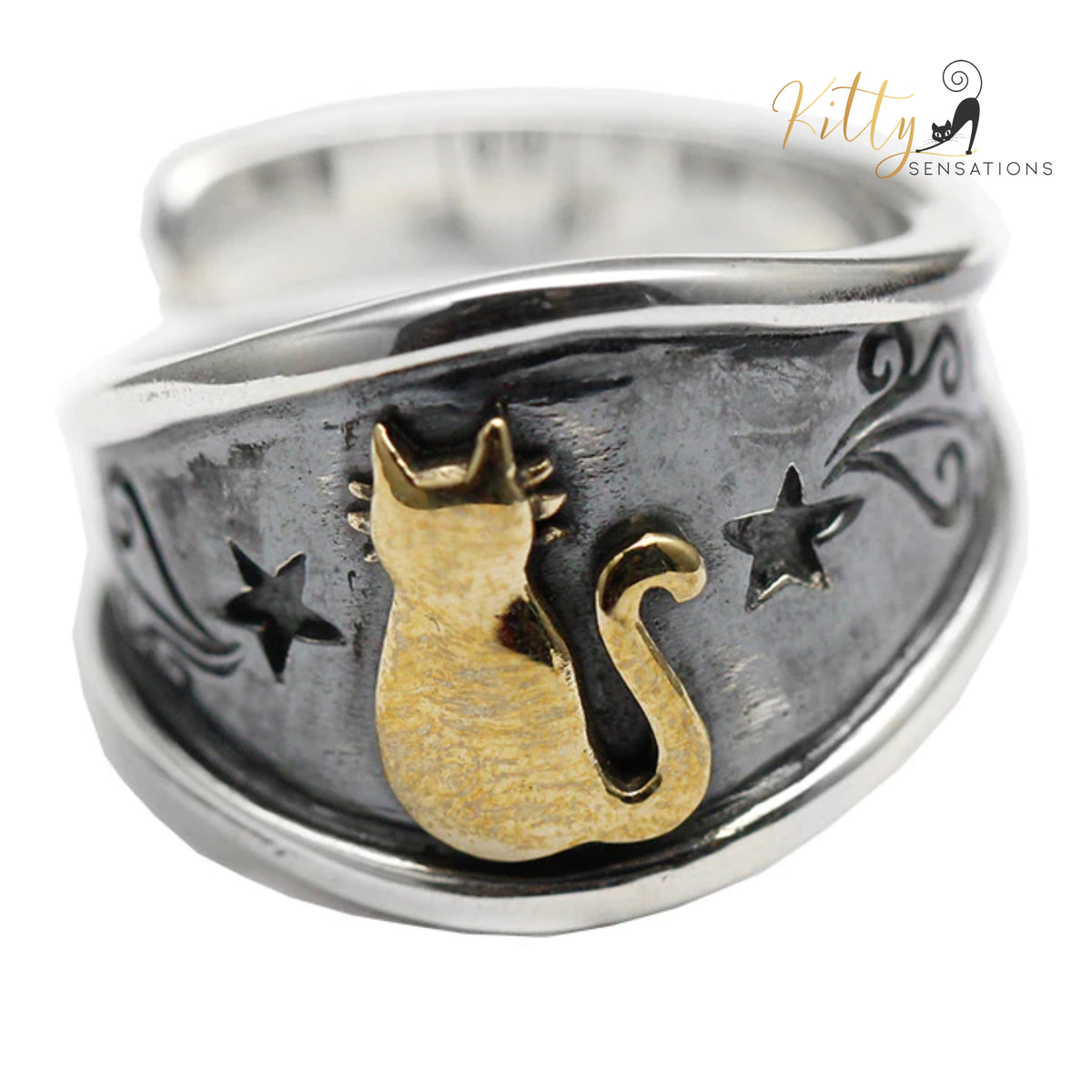 Cat Signet Ring with Solid 925 Sterling Silver Inner Plate - Adjustable