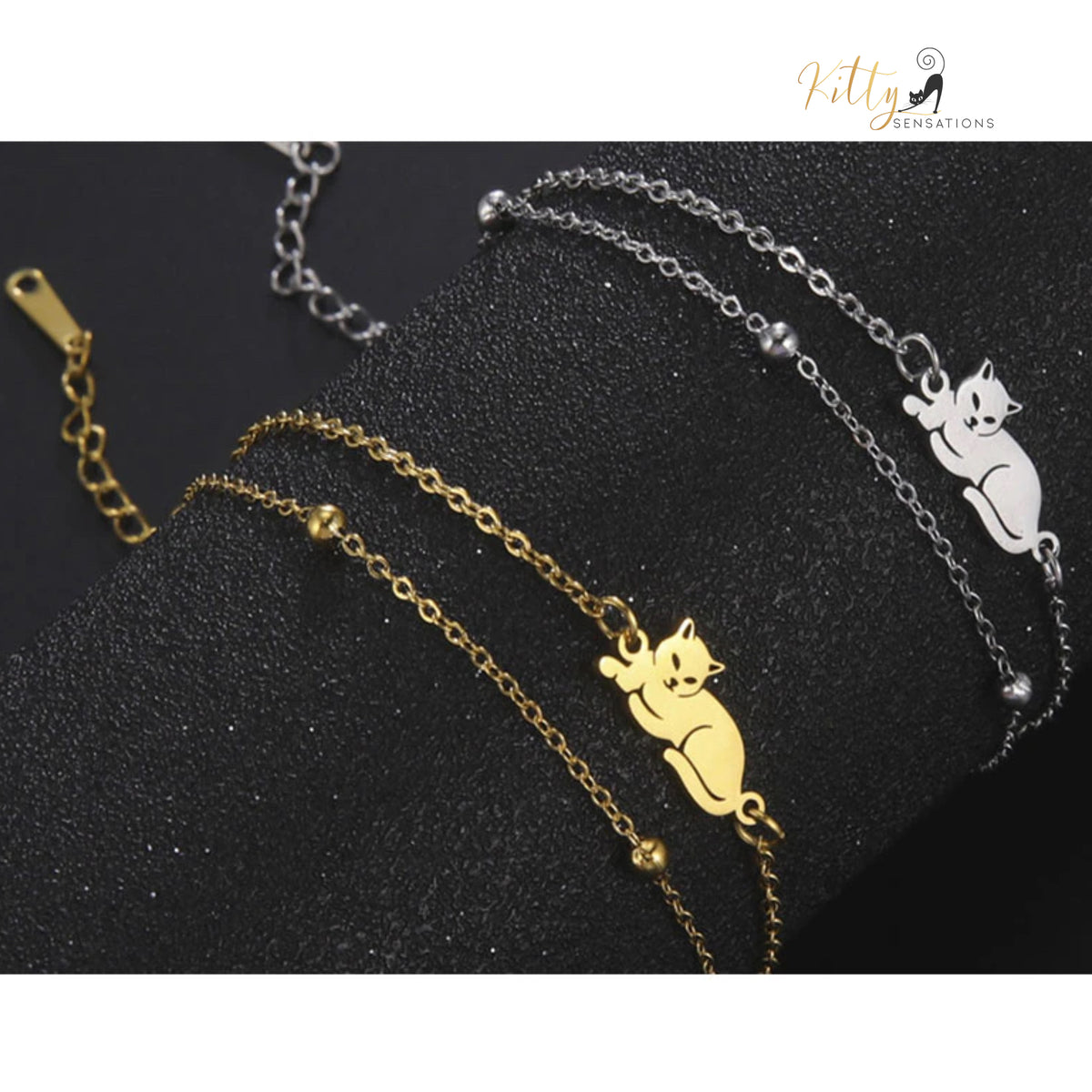 Sitting Cat, Two Chain - Very Feminine - Bracelet (Adjustable Length) ($22.4): https://www.kittysensations.com/products/sitting-kitty-two-chain-very-feminine-bracelet-adjustable-length?variant=40281701974082