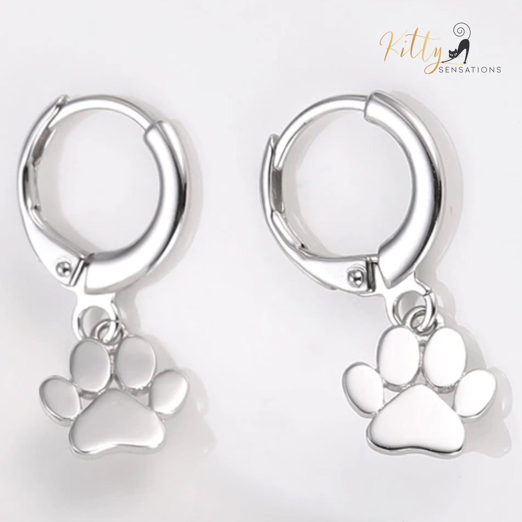 Solid Drop Paw Cat Hoop Earrings in Solid 925 Sterling Silver