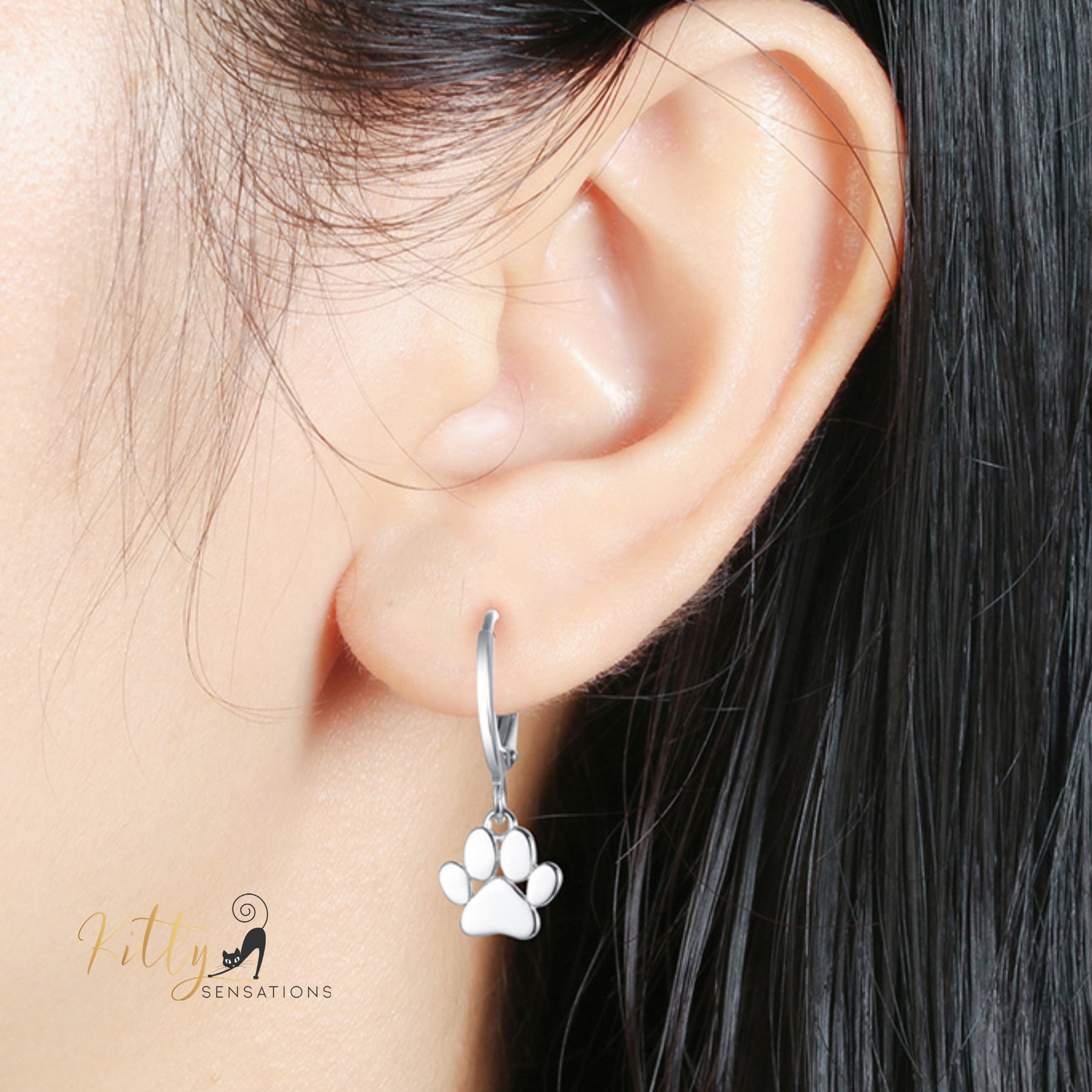 Solid Drop Paw Cat Hoop Earrings in Solid 925 Sterling Silver