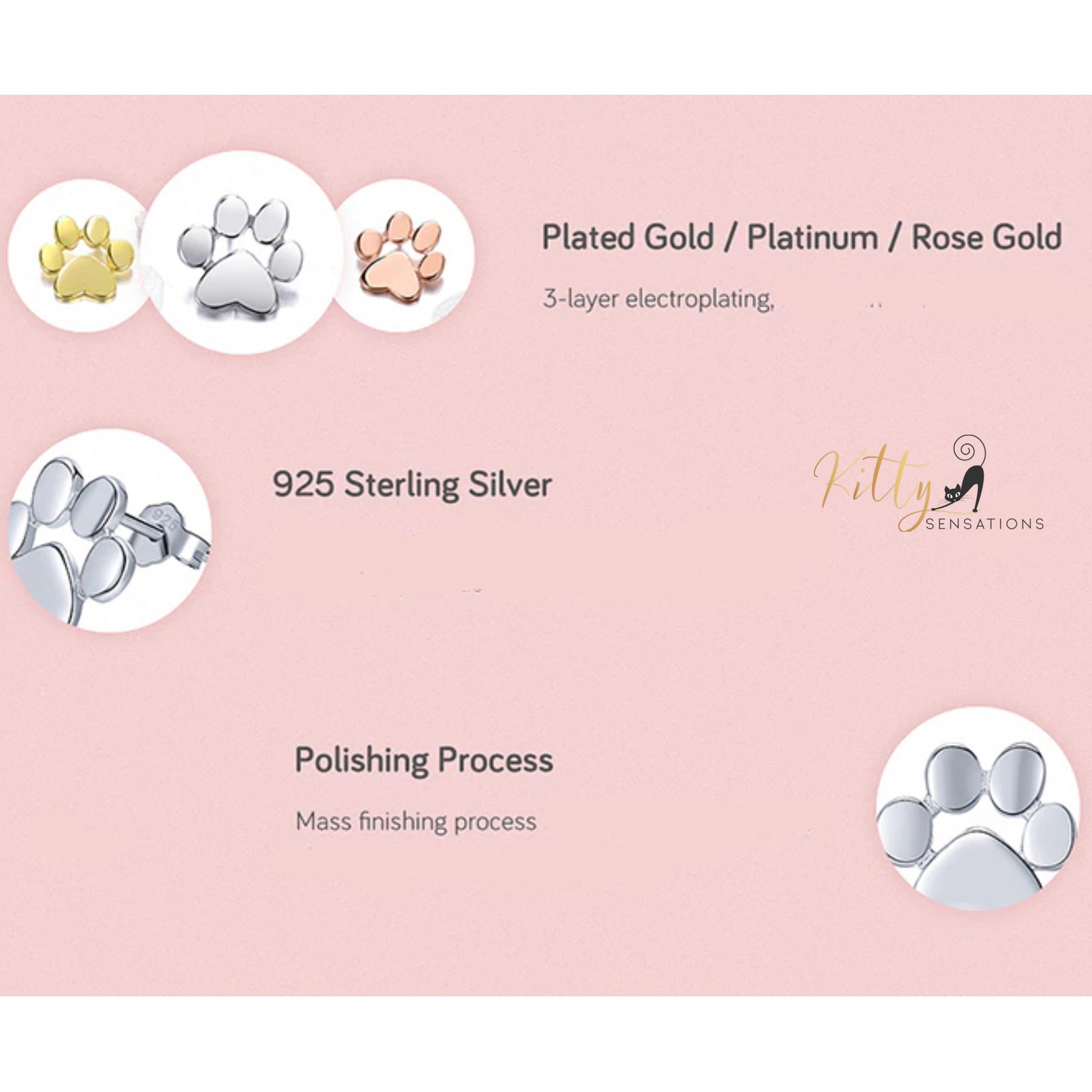 Solid Cat Paw Stud Earrings in Solid 925 Sterling Silver (Platinum or Gold Plated)