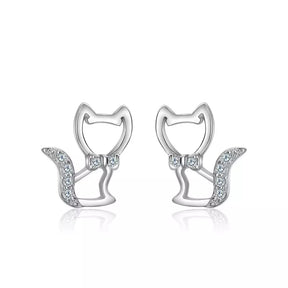 Cubic Zirconia Tail Cat Earrings in Solid 925 Sterling Silver and 18K Gold Plating