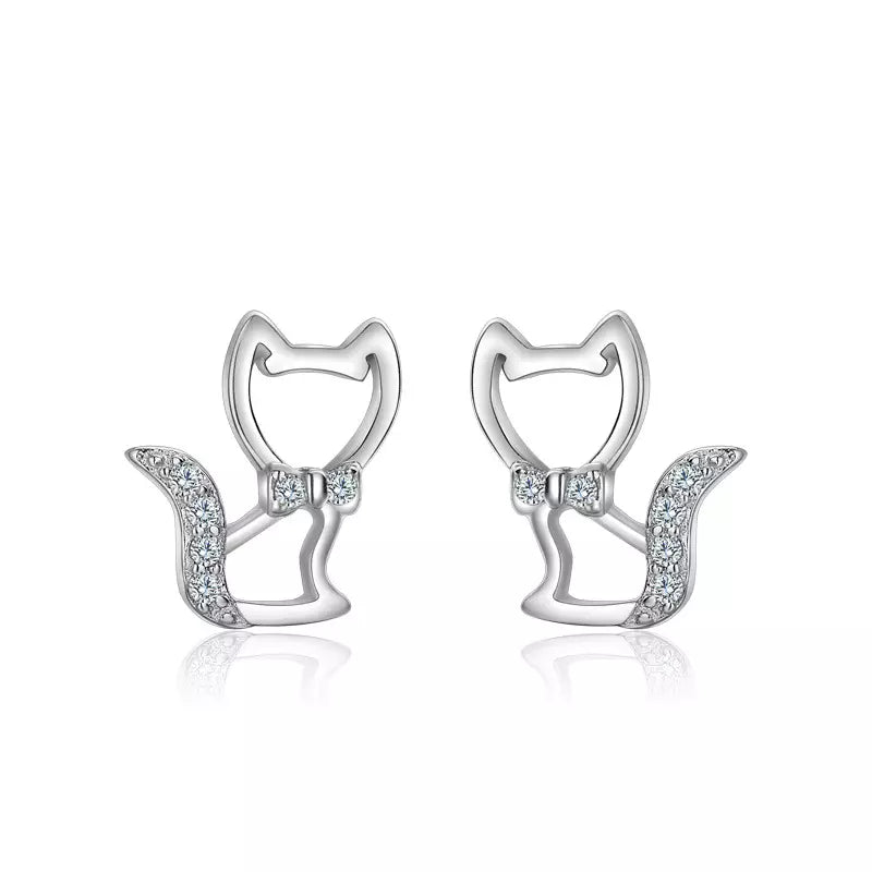 Cubic Zirconia Tail Cat Earrings in Solid 925 Sterling Silver and 18K Gold Plating