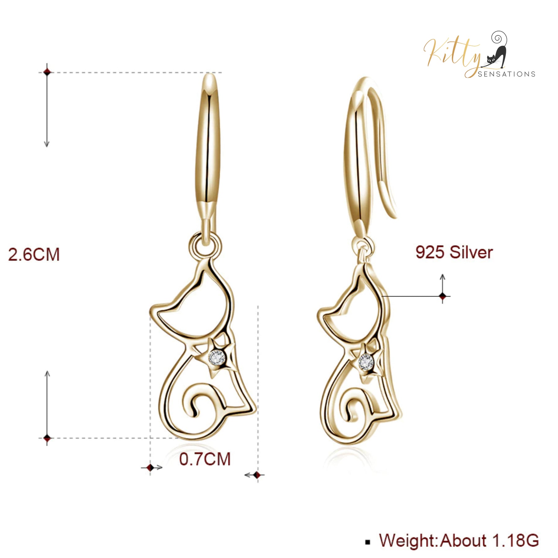 Star Heart Cat Drop/Hook Earrings in Solid 925 Sterling Silver