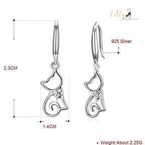 Star Heart Cat Drop/Hook Earrings in Solid 925 Sterling Silver