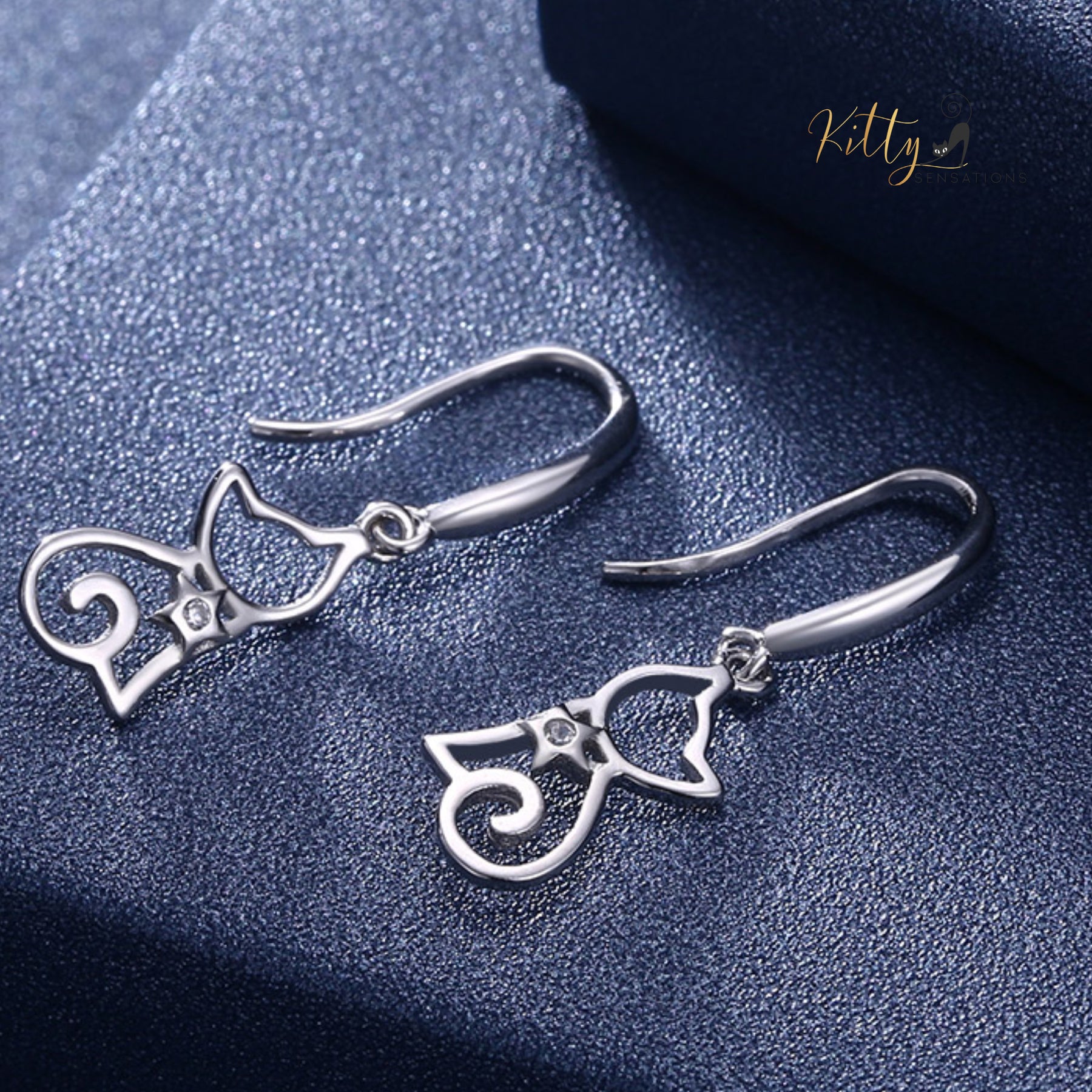 Star Heart Cat Drop/Hook Earrings in Solid 925 Sterling Silver