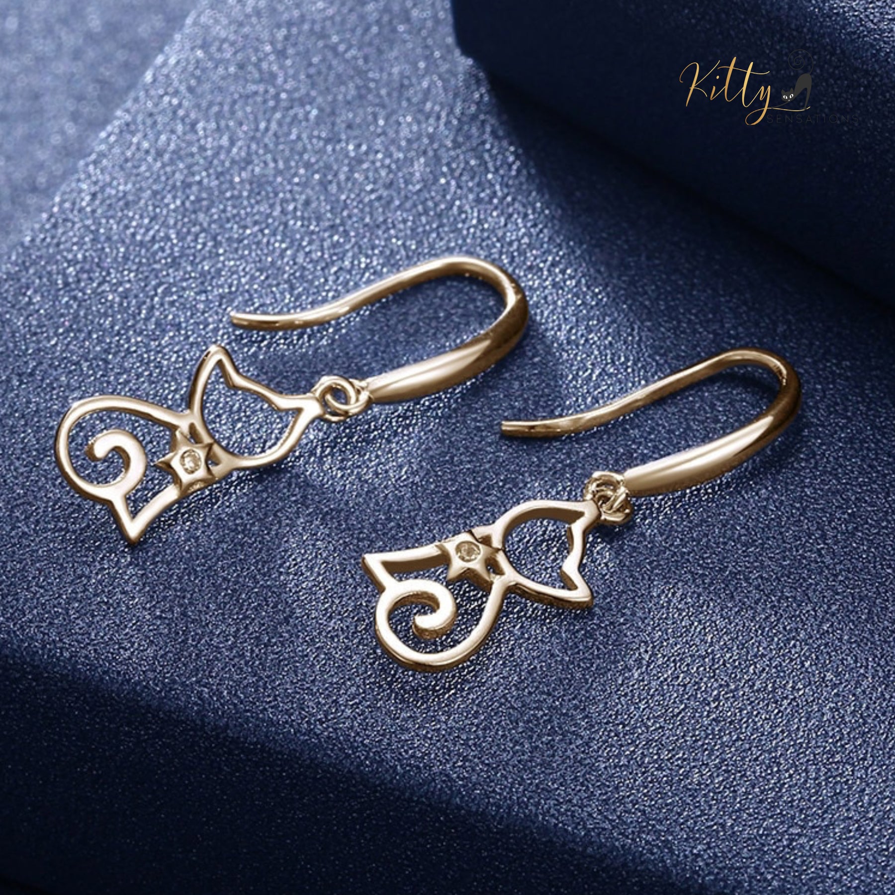 Star Heart Cat Drop/Hook Earrings in Solid 925 Sterling Silver