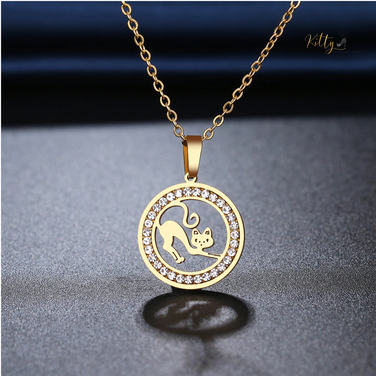 Stretching Kitty CZ Medallion Pendant Necklace (Gold or Silver)