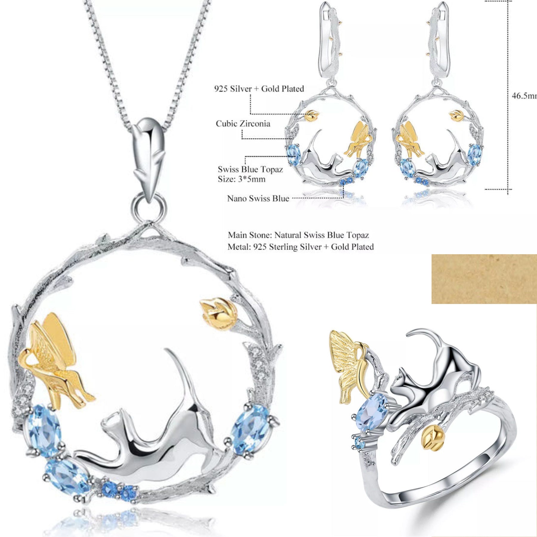 Natural Gemstone Fine Jewelry Cat Set in Solid 925 Sterling Silver and 18K Gold Plating