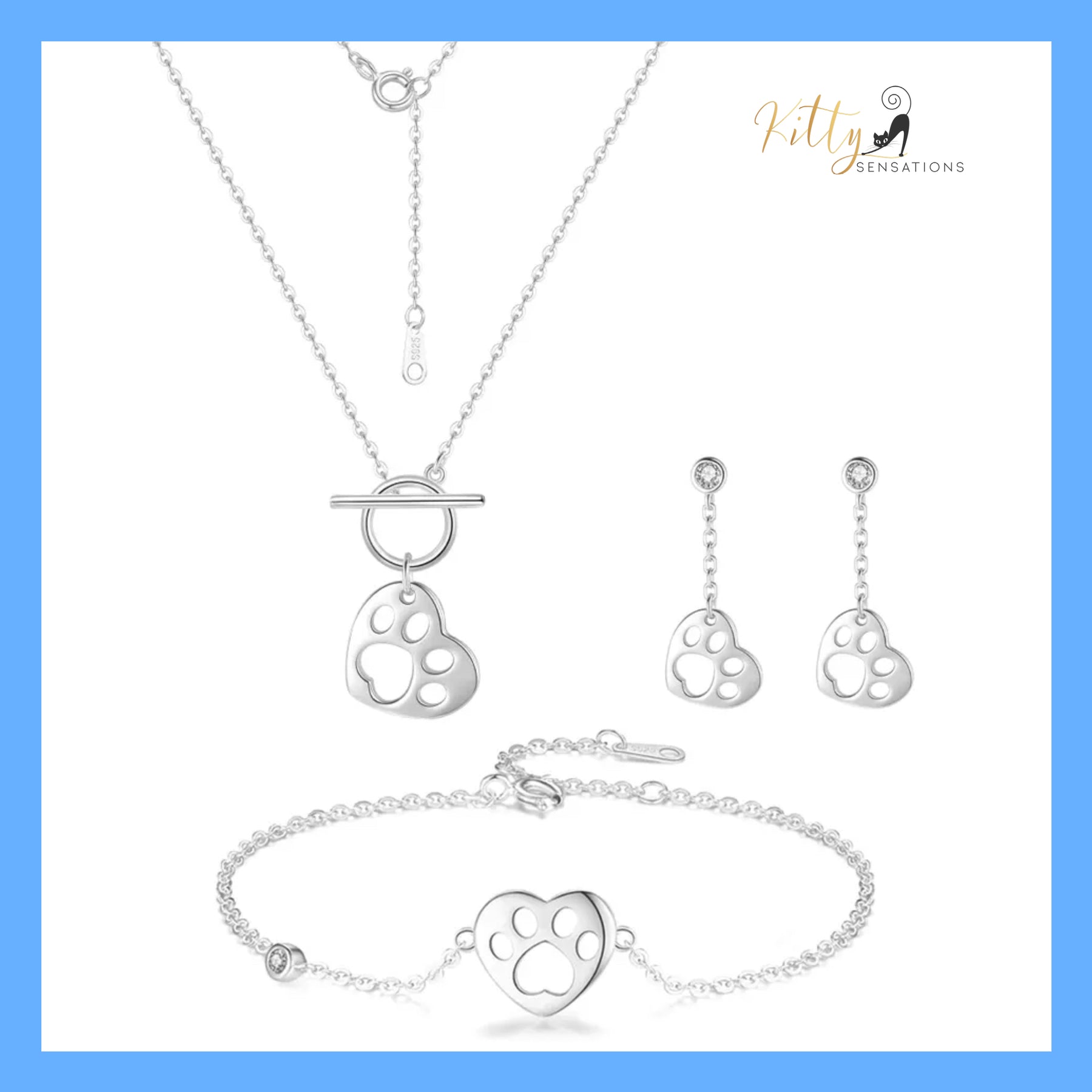 Kitty Paw in Heart Jewelry Set in Solid 925 Sterling Silver($76.79): https://www.kittysensations.com/products/two-hearts-cat-set