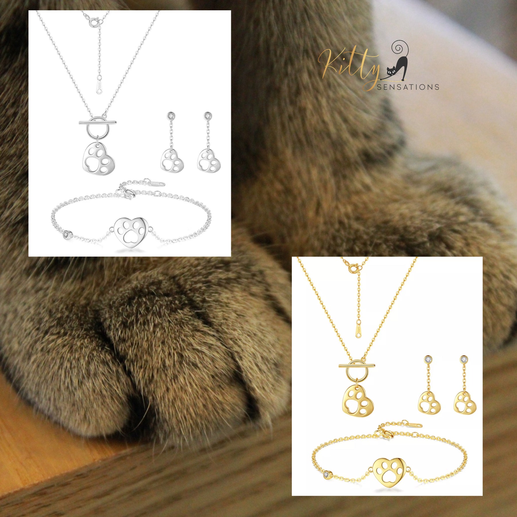 Kitty Paw in Heart Jewelry Set in Solid 925 Sterling Silver($76.79): https://www.kittysensations.com/products/two-hearts-cat-set