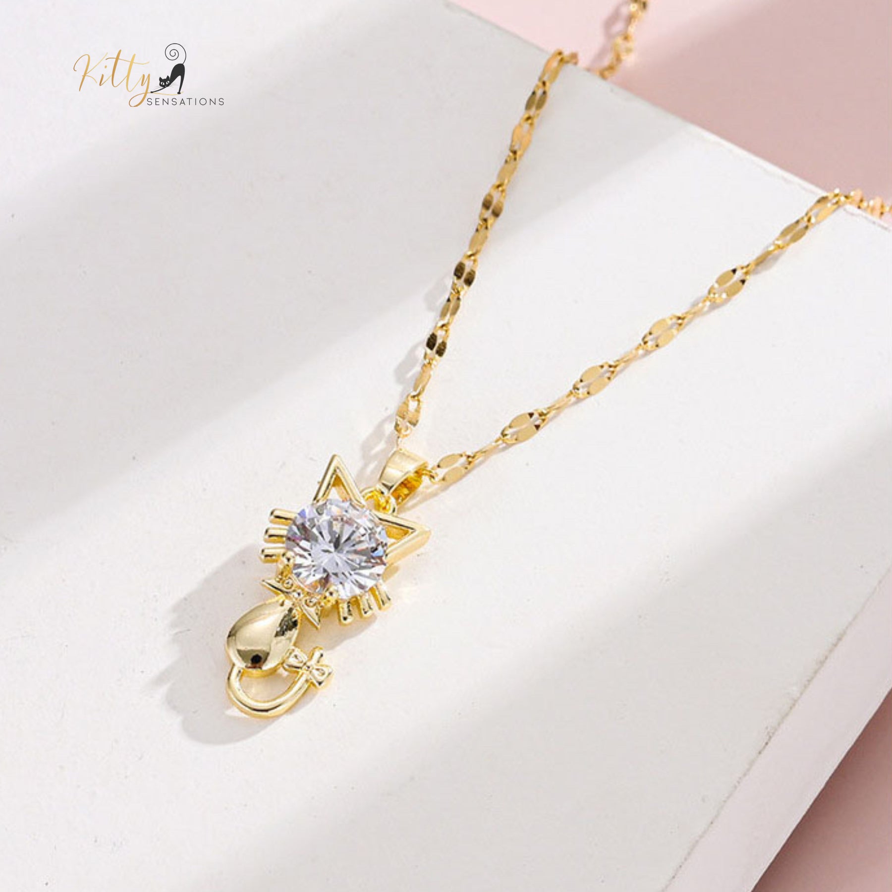 www.KittySensations.com: Tail-Bow Kitty CZ Necklace with Alternating Links Chain - Gold Plated ($15.65): https://www.kittysensations.com/products/tail-bow-kitty-necklace-with-alternating-links-chain-gold-plated