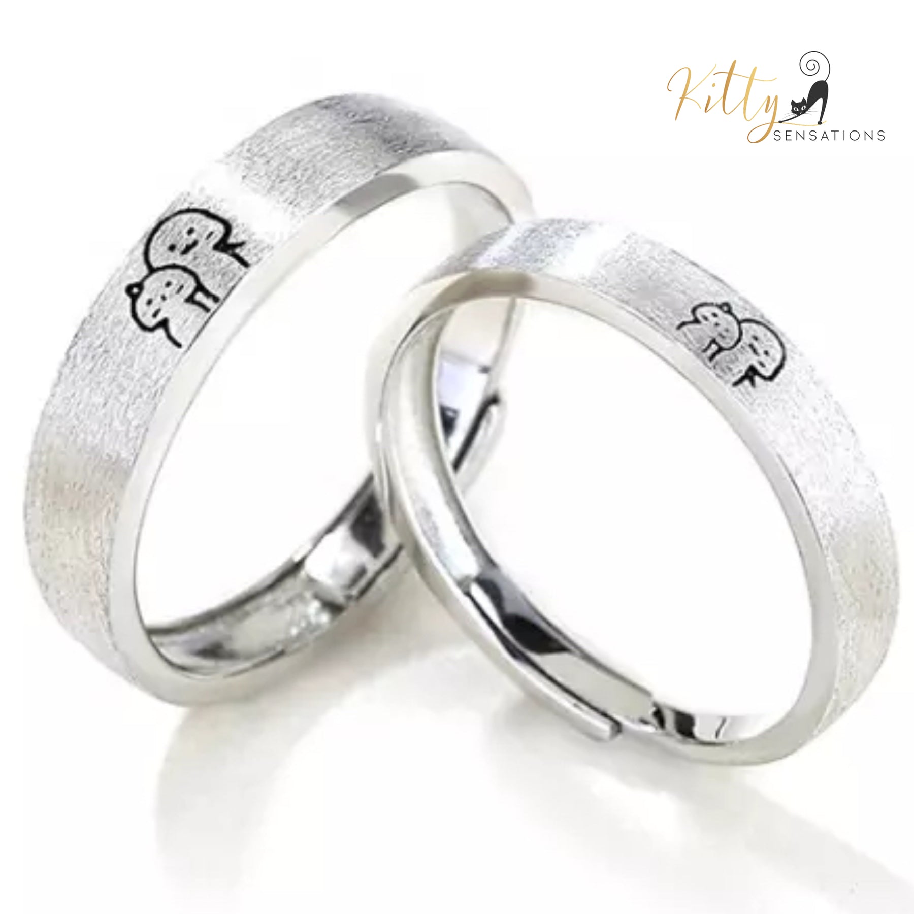 Cat Couple Rings/Bands Set in Solid 925 Sterling Silver