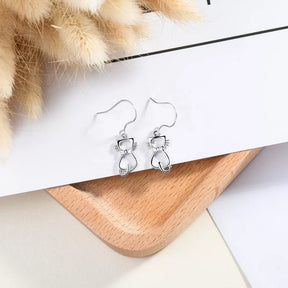 Whiskered Cat Drop Earrings in Solid 925 Sterling Silver