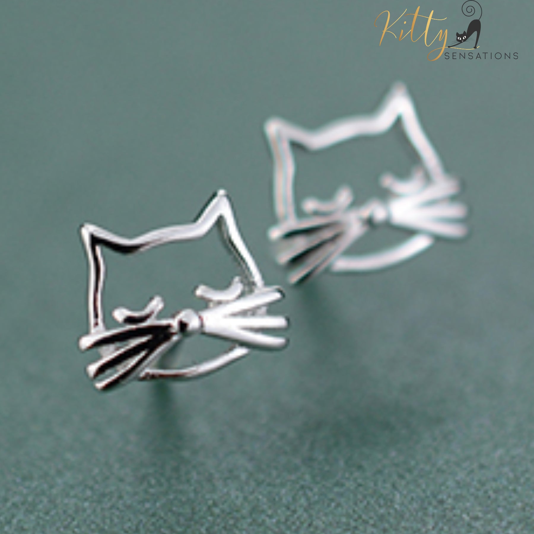 Whiskered Cat Stud Earrings in Solid 925 Sterling Silver