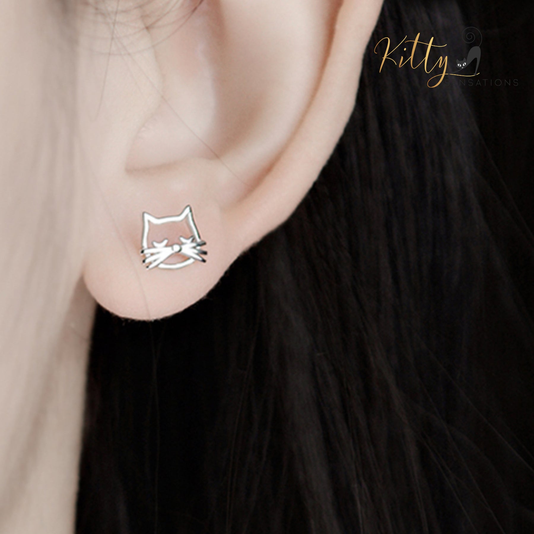 Whiskered Cat Stud Earrings in Solid 925 Sterling Silver