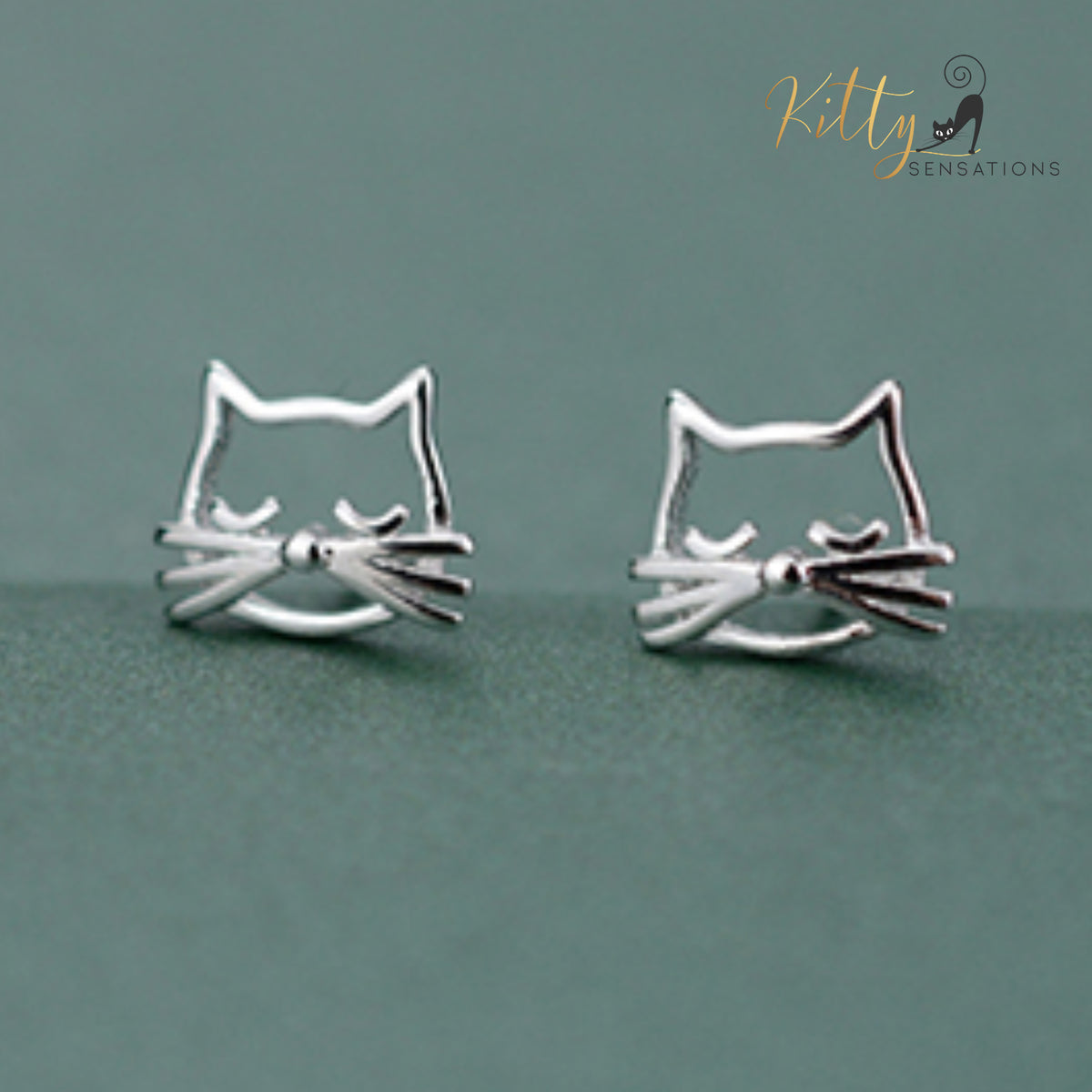 Whiskered Cat Stud Earrings in Solid 925 Sterling Silver