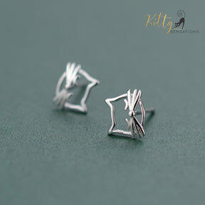 Whiskered Cat Stud Earrings in Solid 925 Sterling Silver