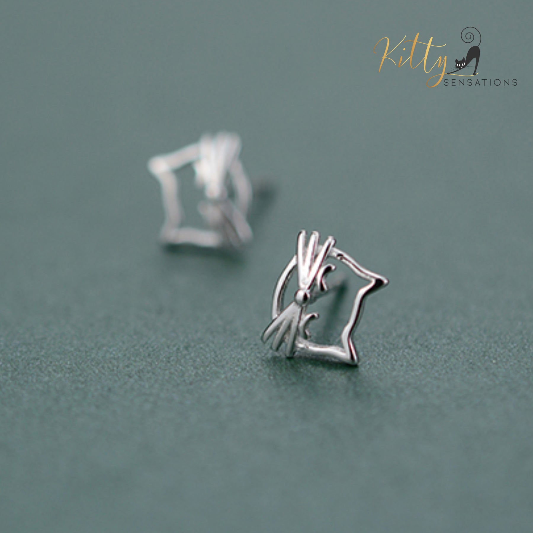 Whiskered Cat Stud Earrings in Solid 925 Sterling Silver