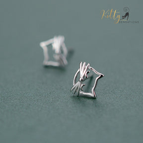 Whiskered Cat Stud Earrings in Solid 925 Sterling Silver