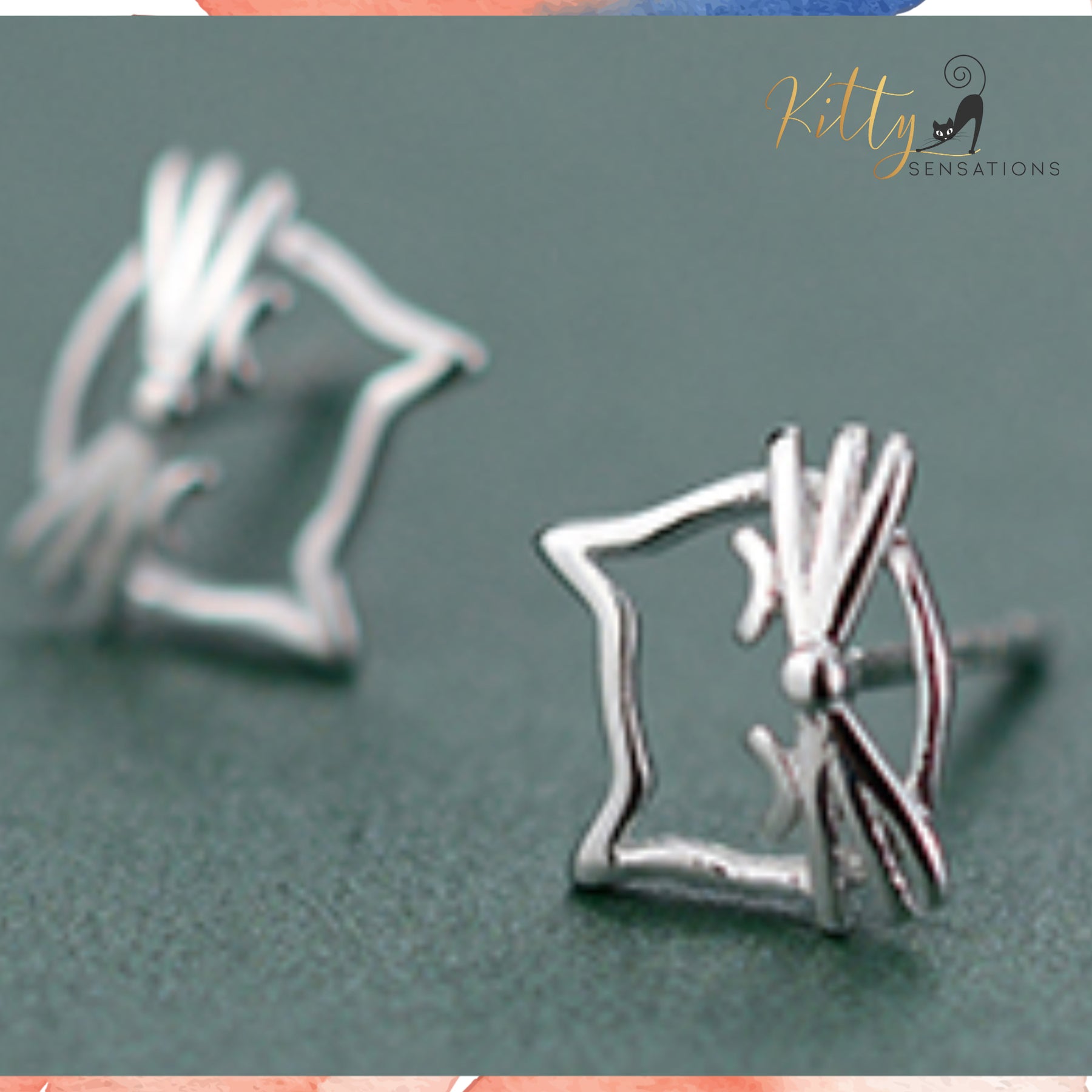 Whiskered Cat Stud Earrings in Solid 925 Sterling Silver