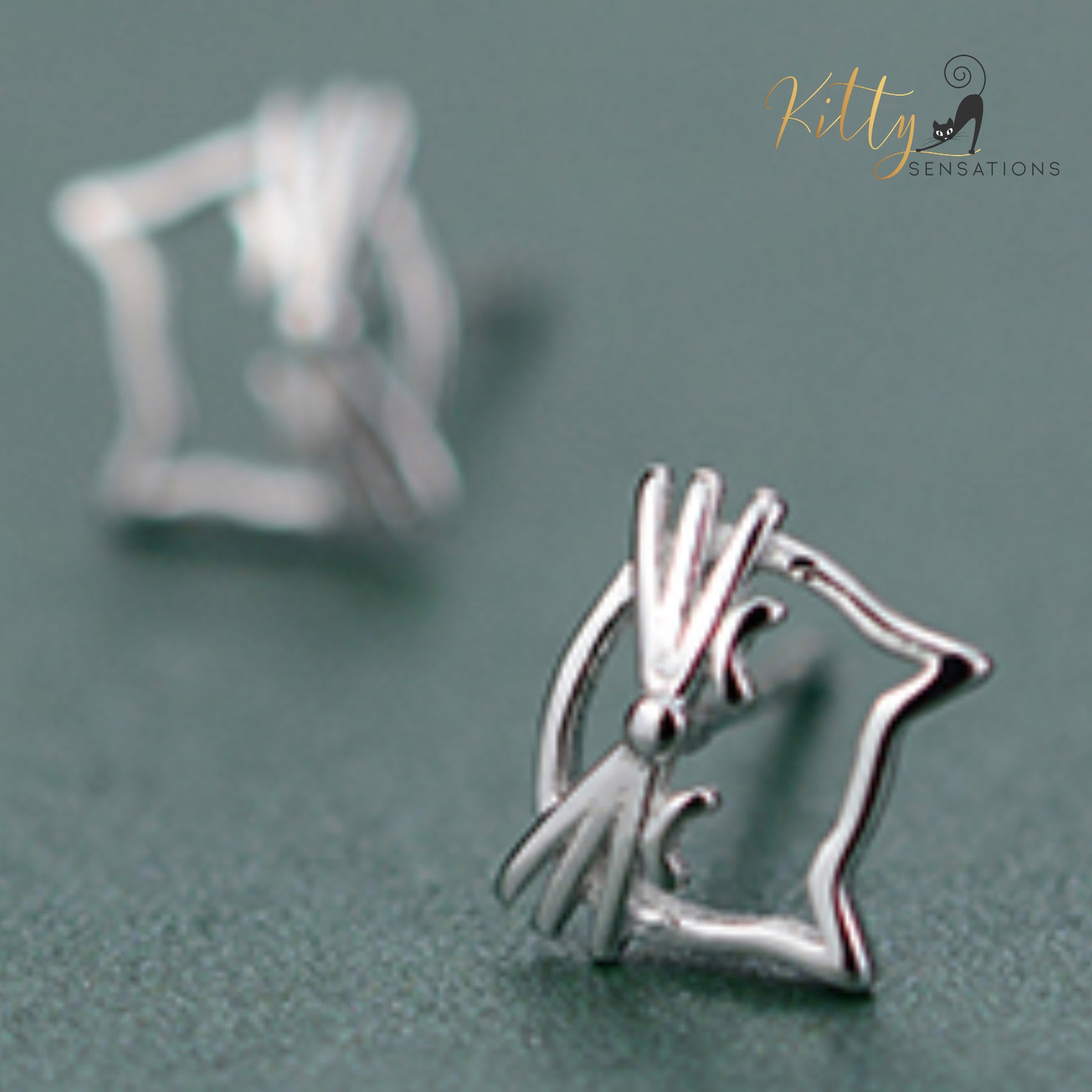 Whiskered Cat Stud Earrings in Solid 925 Sterling Silver