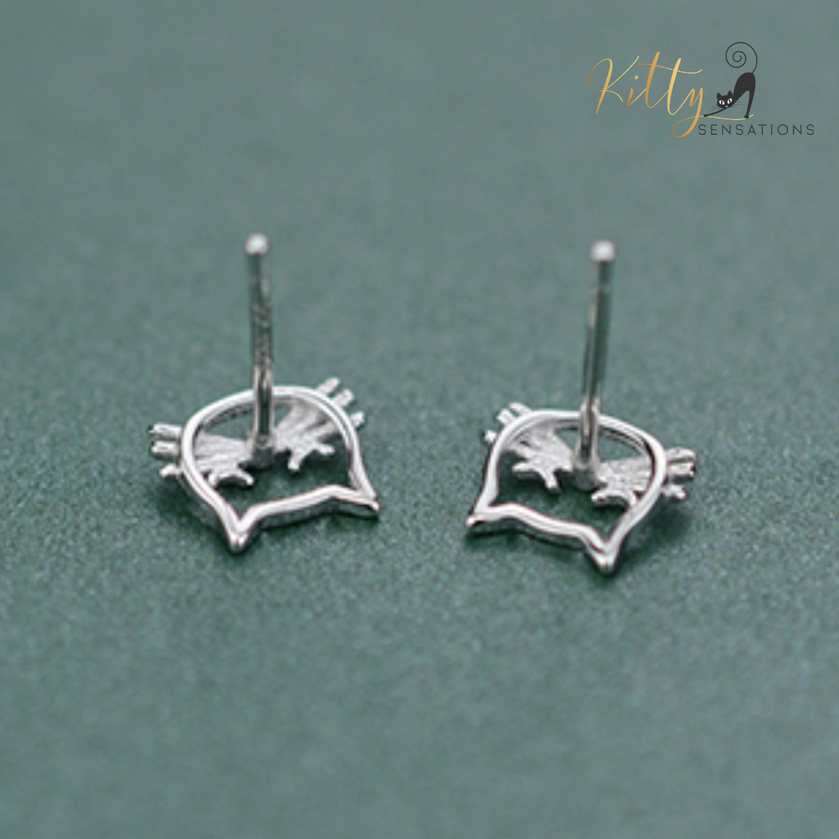 Whiskered Cat Stud Earrings in Solid 925 Sterling Silver