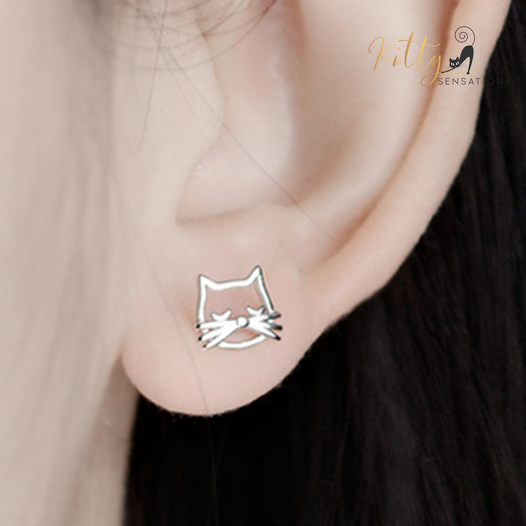 Whiskered Cat Stud Earrings in Solid 925 Sterling Silver