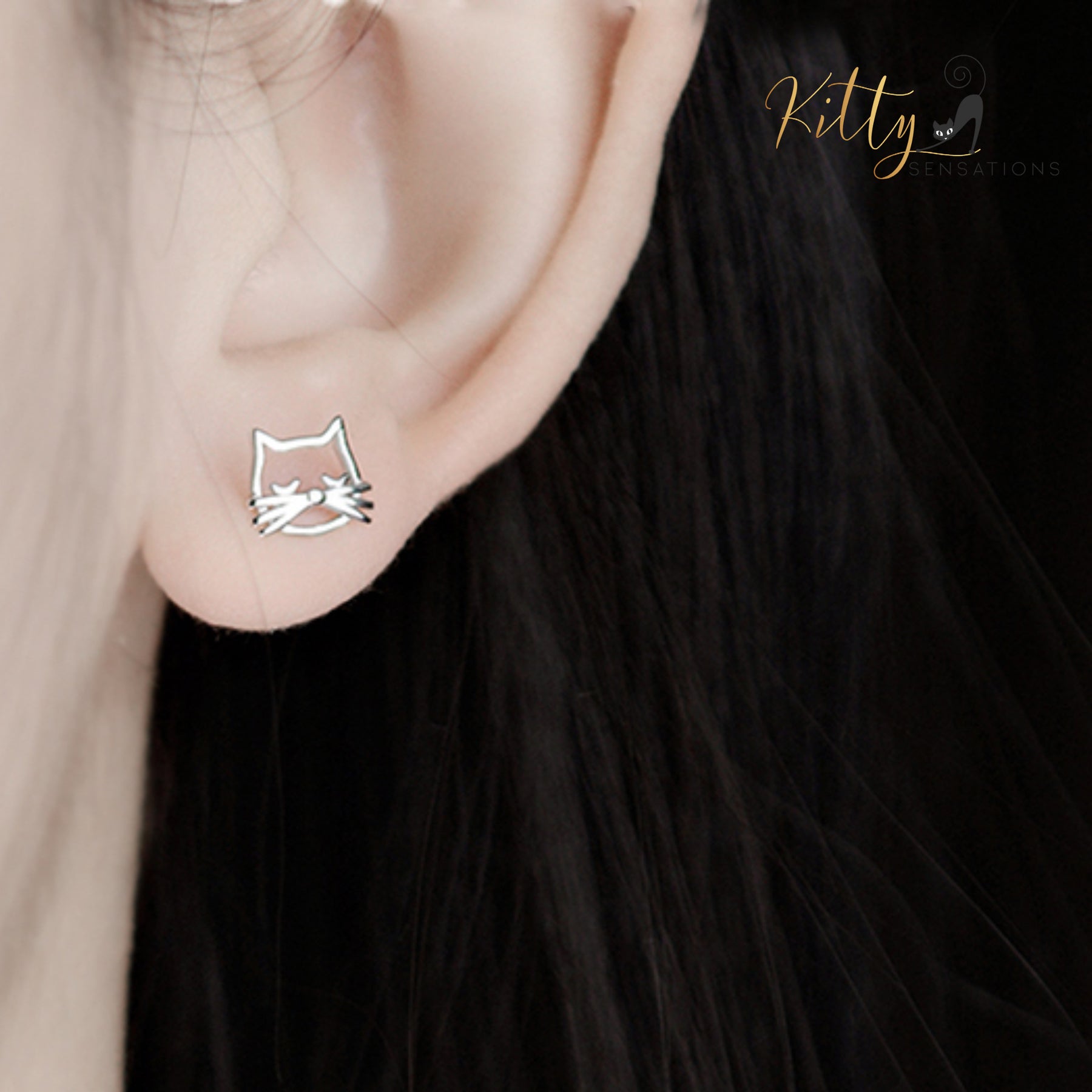 Whiskered Cat Stud Earrings in Solid 925 Sterling Silver