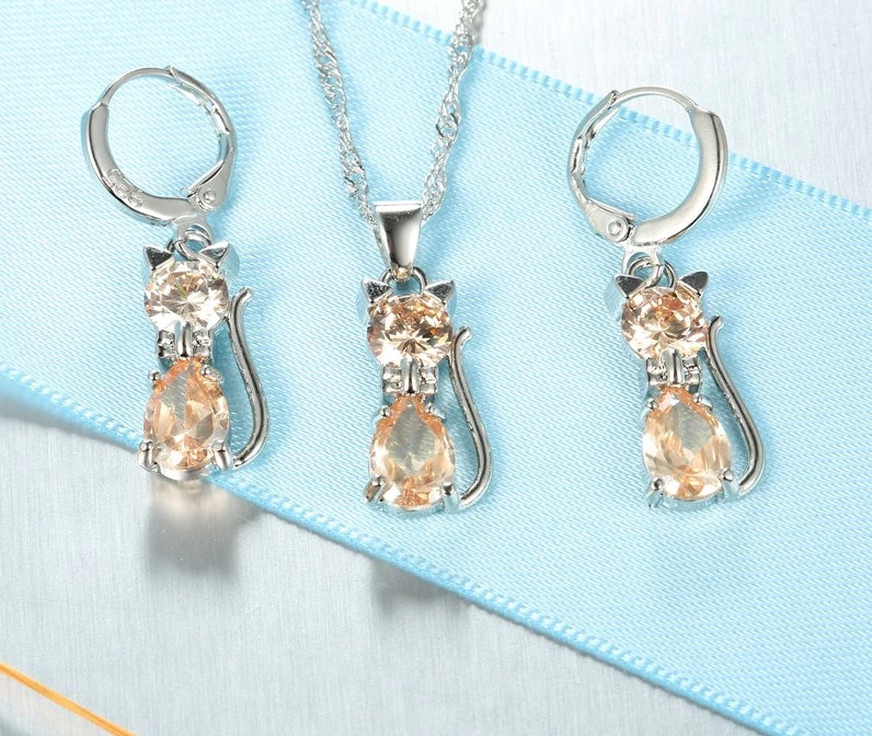 Austrian Crystal Cat Set in Solid 925 Sterling Silver