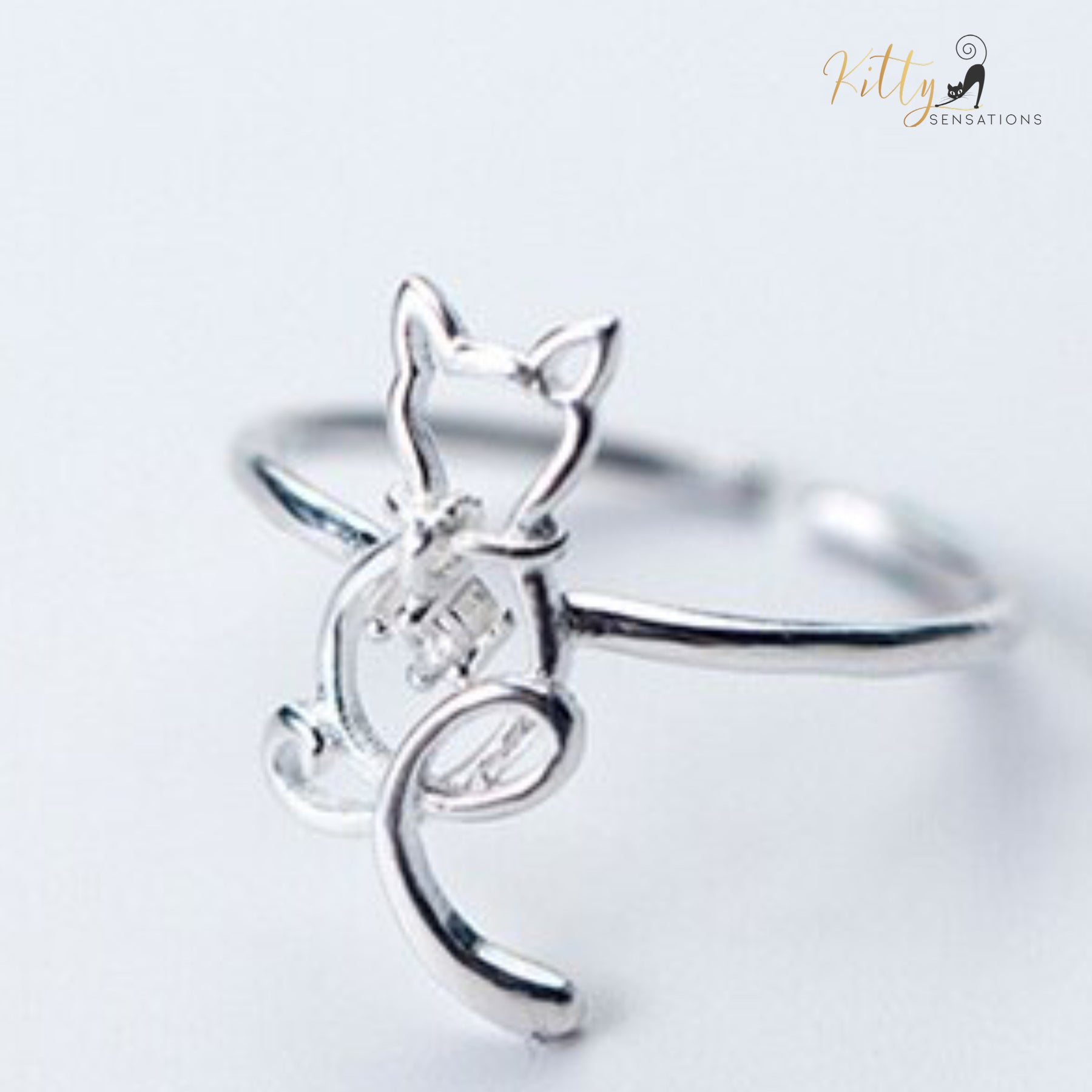 Zircon Heart Cat Ring in Solid 925 Sterling Silver - Adjustable