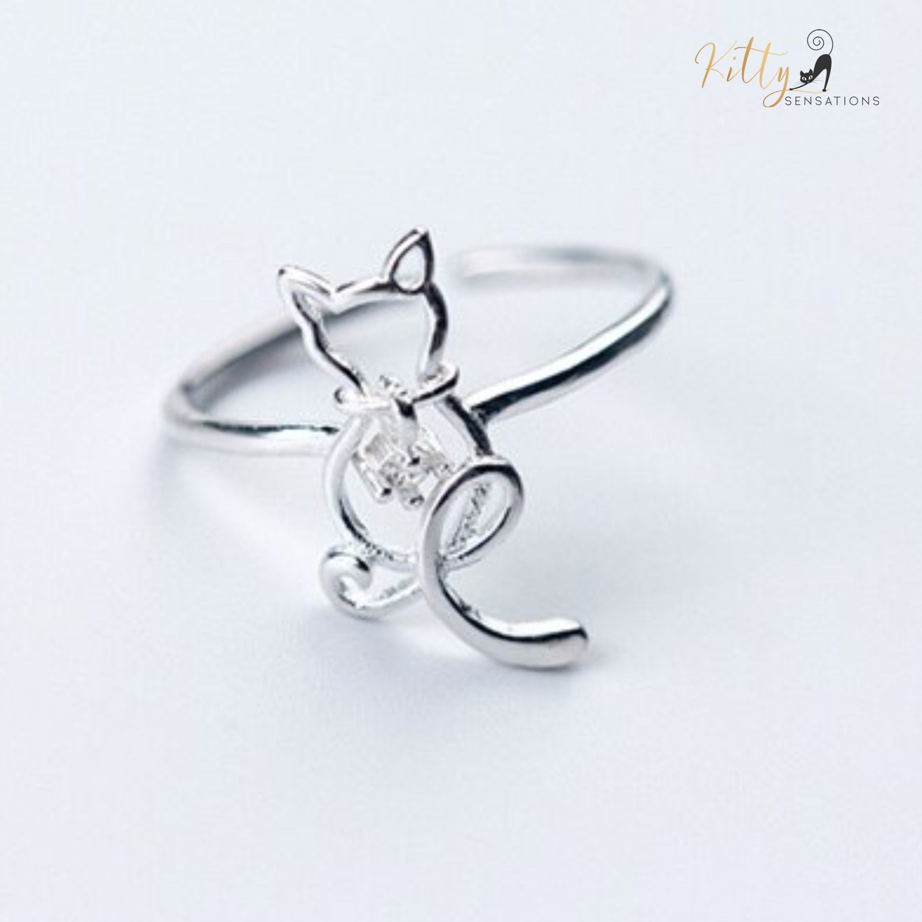Zircon Heart Cat Ring in Solid 925 Sterling Silver - Adjustable