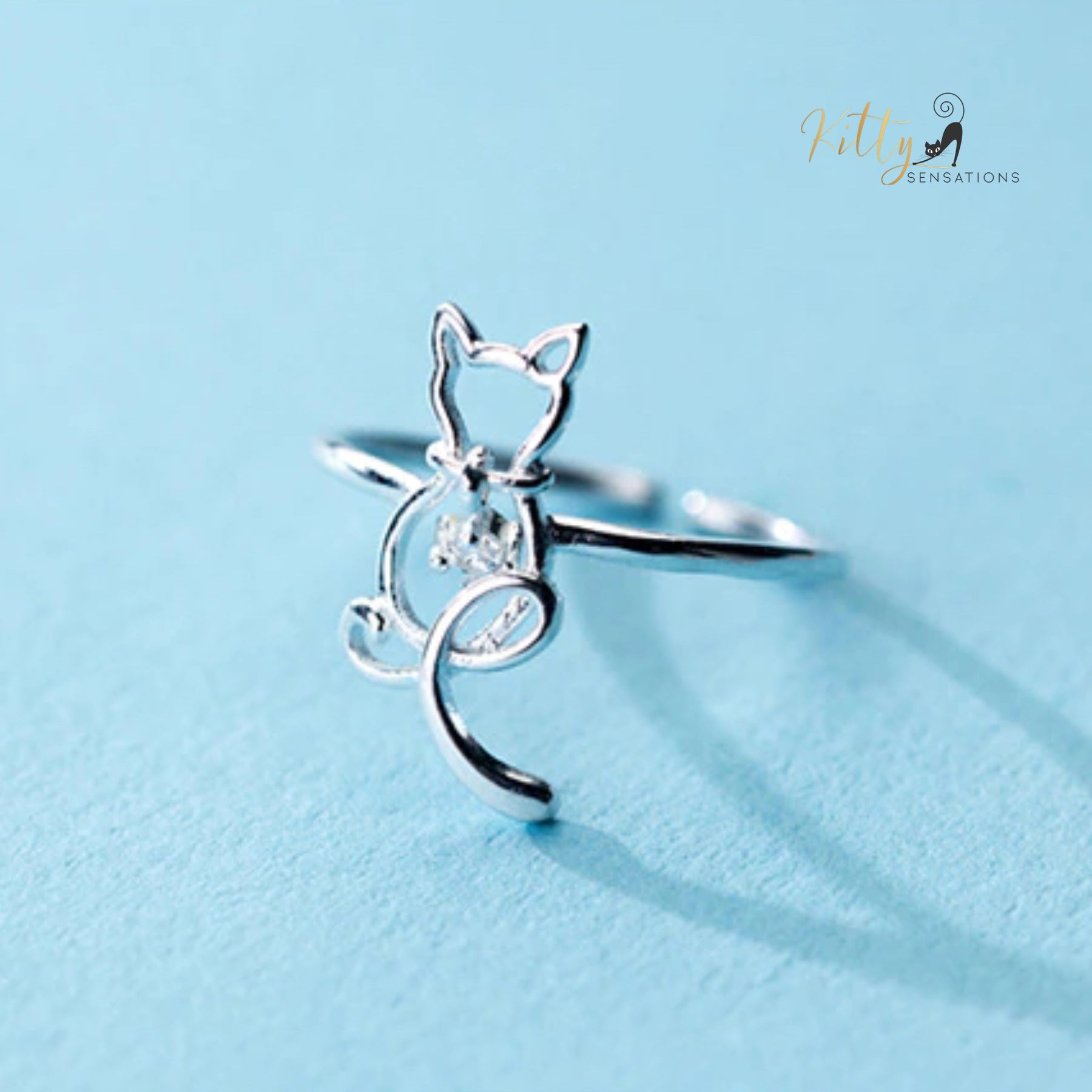 Zircon Heart Cat Ring in Solid 925 Sterling Silver - Adjustable